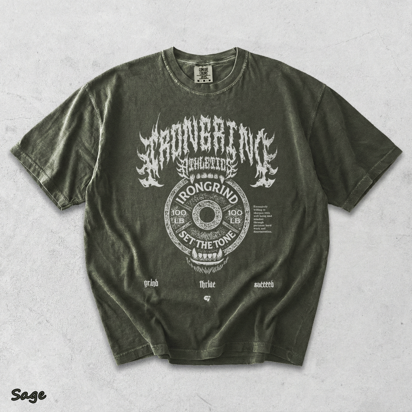IronGrind Barbell Skull Washed Tee - Sage mockup