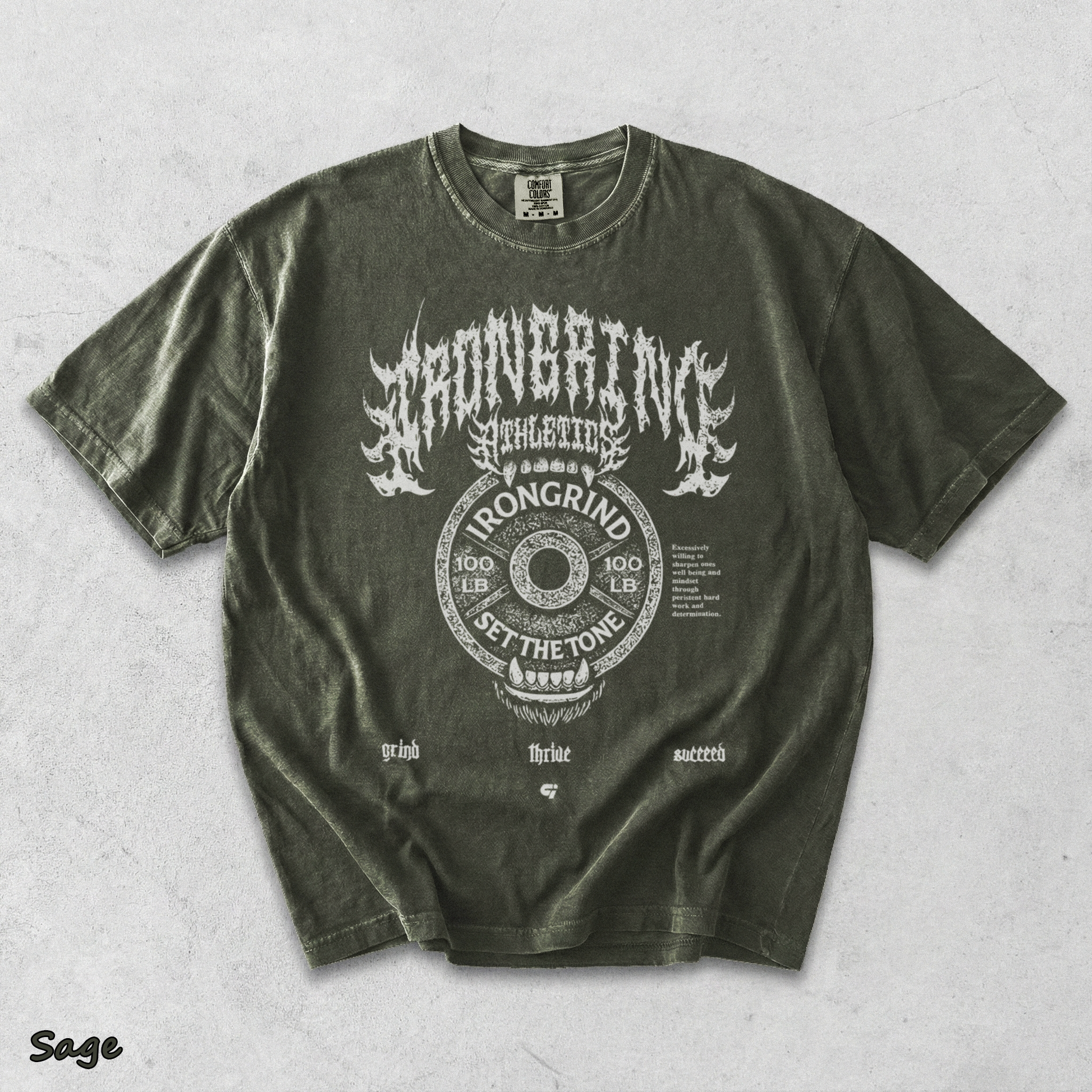 IronGrind Barbell Skull Washed Tee - Sage mockup