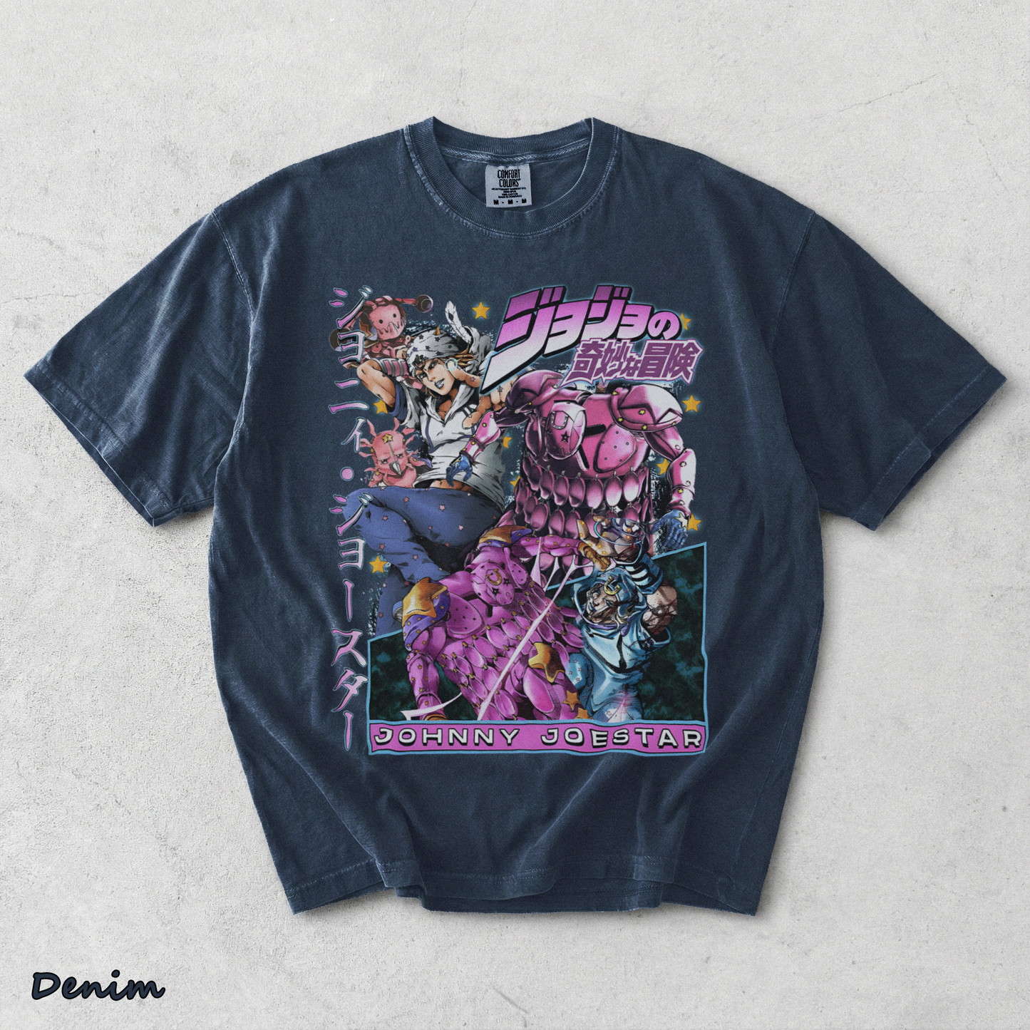 JoJo Steel Ball Run Johnny Joestar & Tusk Act 4 T-Shirt - Denim mockup