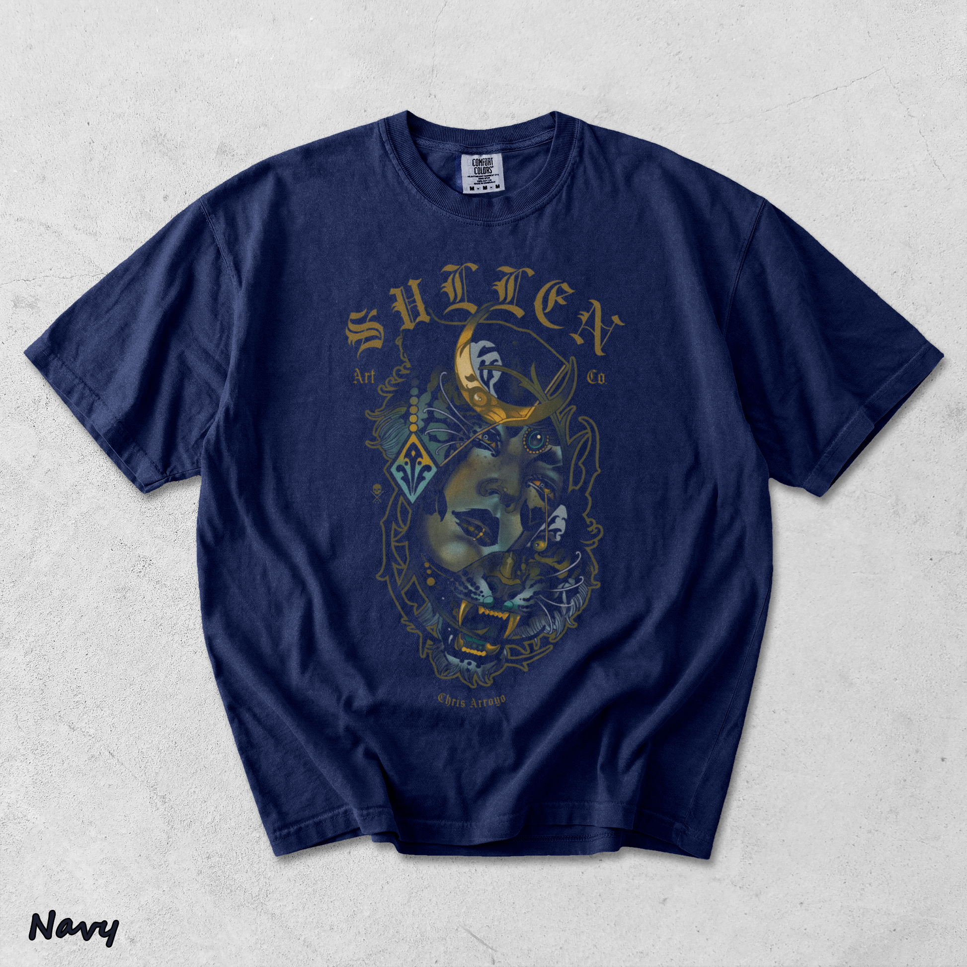 Men's Tattoo Girl Panther Graphic T-Shirt Gothic Streetwear Art Tee back - True Navy mockup