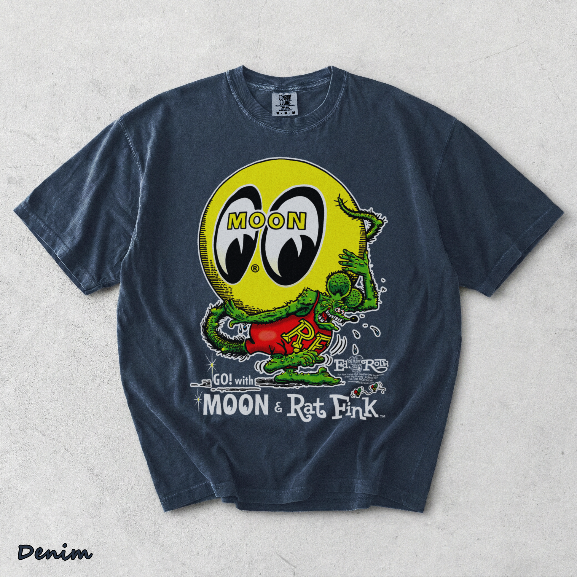 Moon Eyes Rat Fink Go With Mooneyes Hot Rod - Denim mockup
