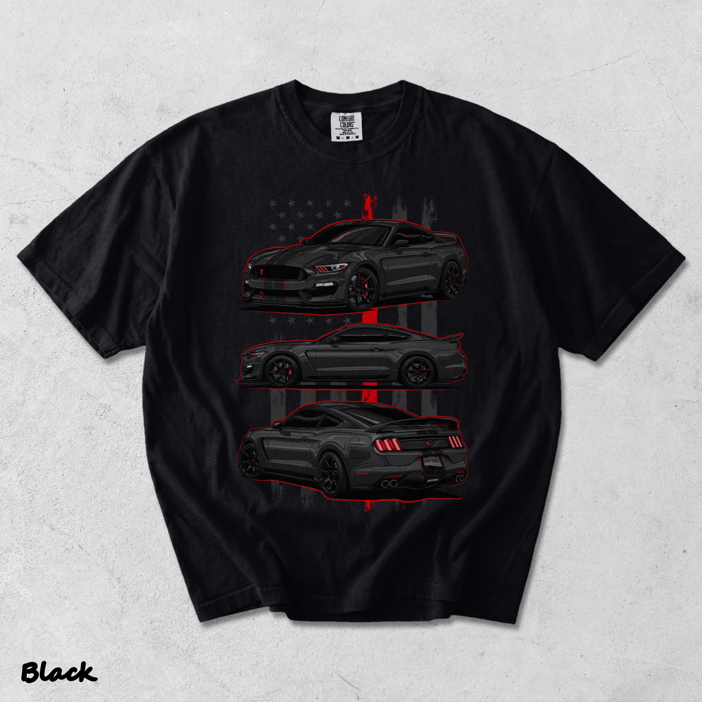 Mustang Shelby GT350 Vintage Graphic Acid Washed T-shirt back - Black mockup