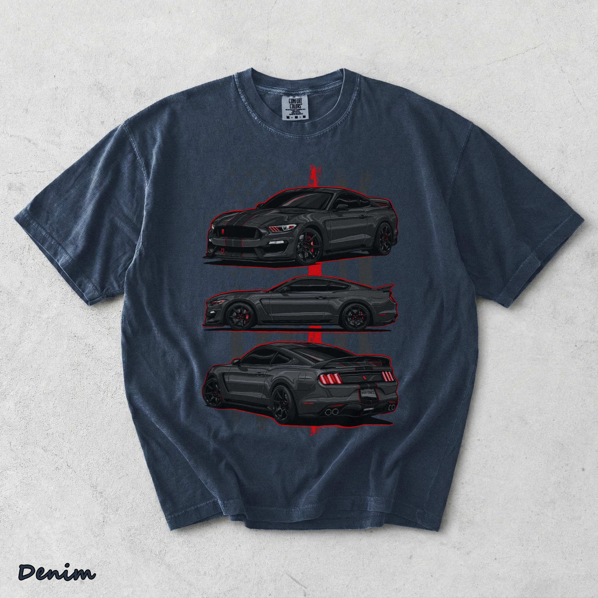 Mustang Shelby GT350 Vintage Graphic Acid Washed T-shirt back - Denim mockup