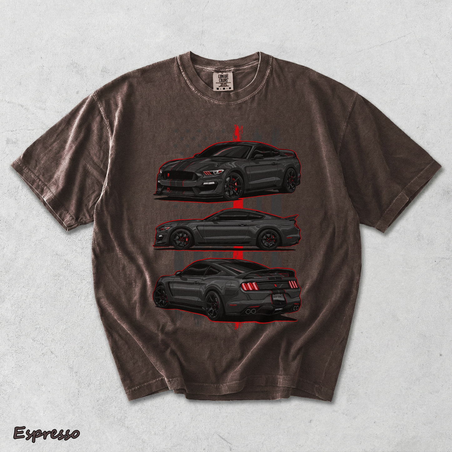 Mustang Shelby GT350 Vintage Graphic Acid Washed T-shirt back - Espresso mockup