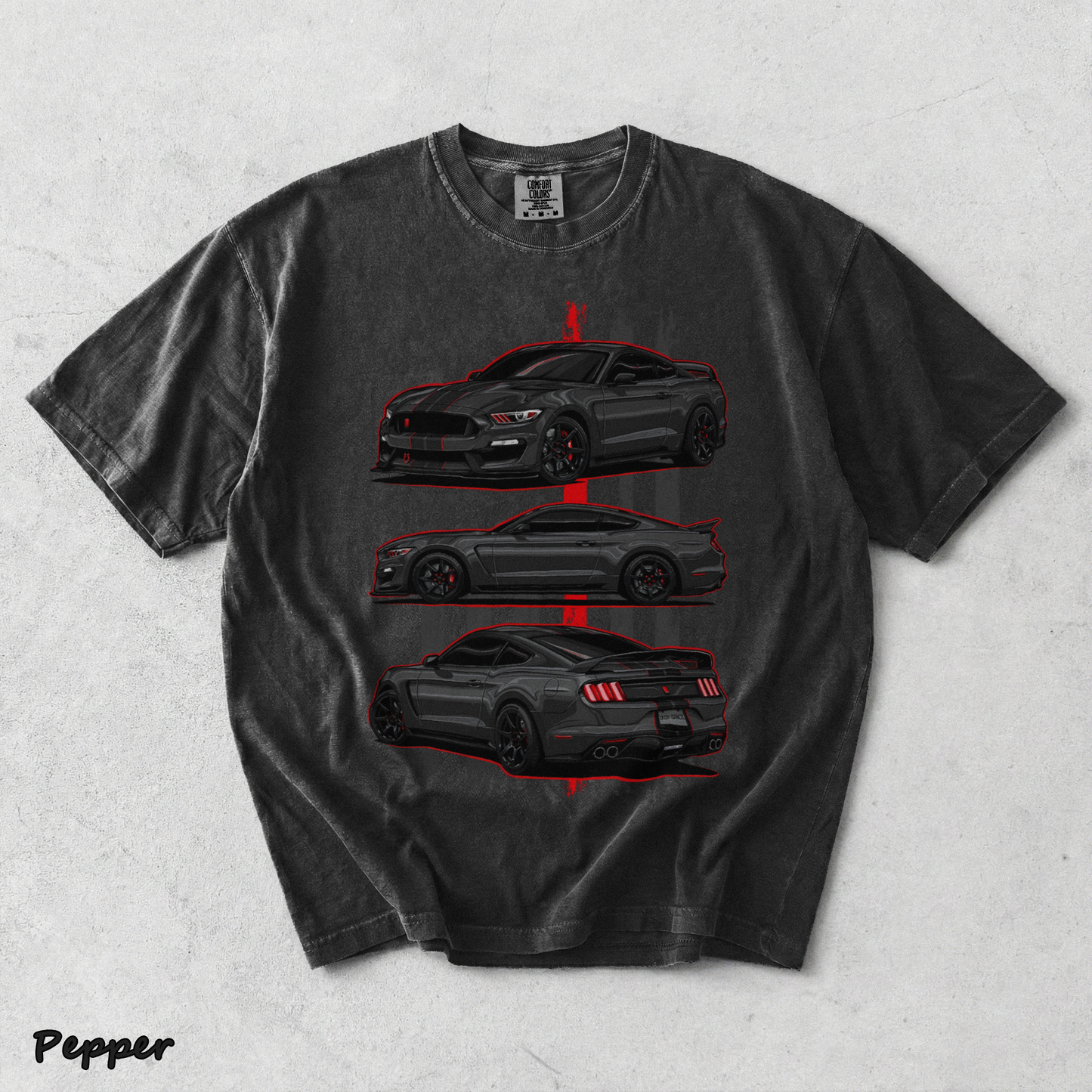 Mustang Shelby GT350 Vintage Graphic Acid Washed T-shirt back - Pepper mockup