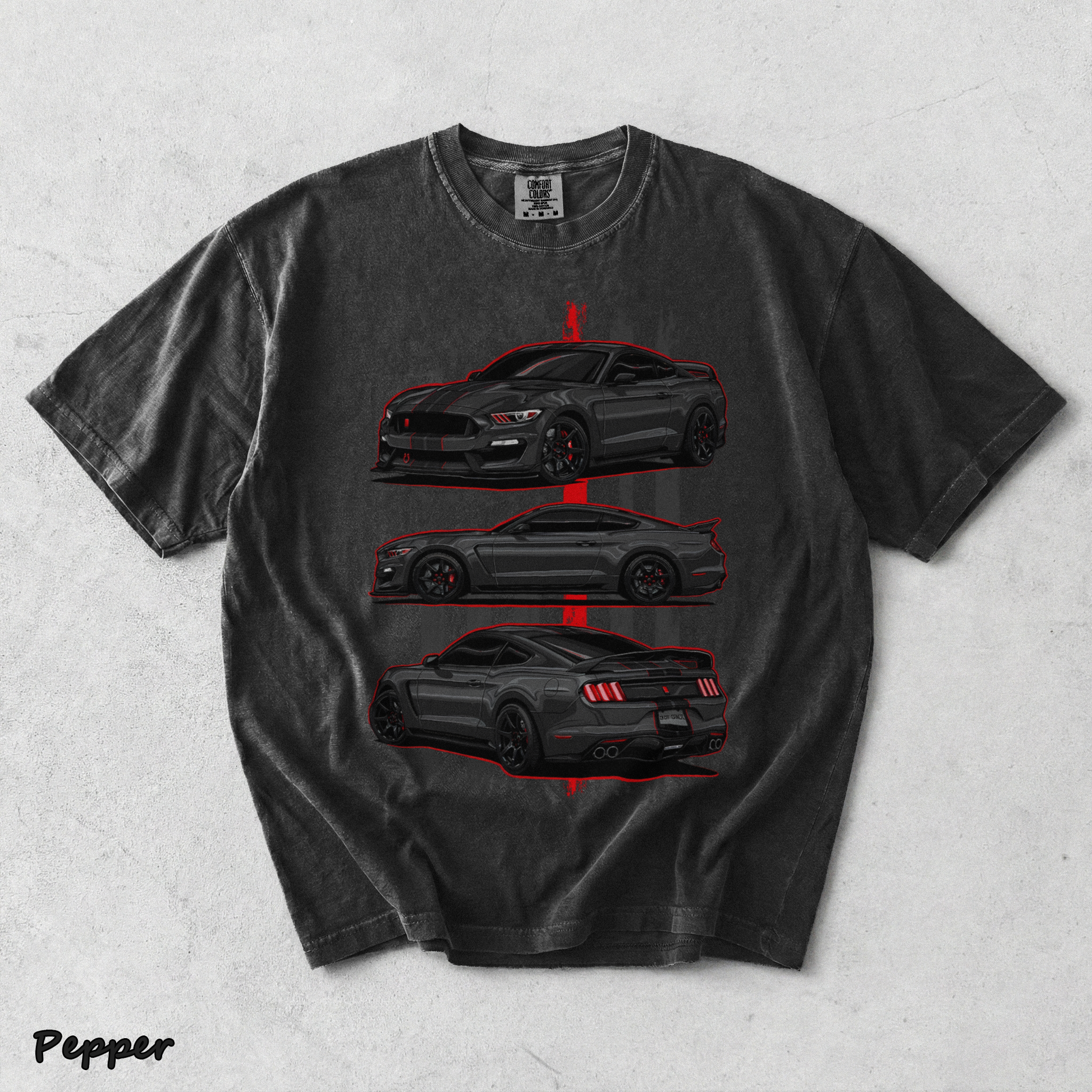 Mustang Shelby GT350 Vintage Graphic Acid Washed T-shirt back - Pepper mockup