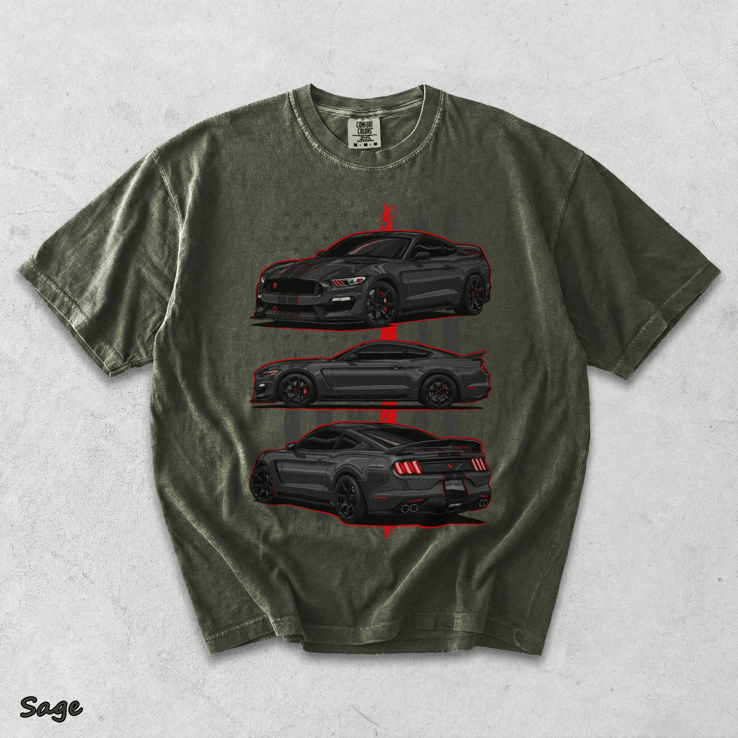 Mustang Shelby GT350 Vintage Graphic Acid Washed T-shirt back - Sage mockup