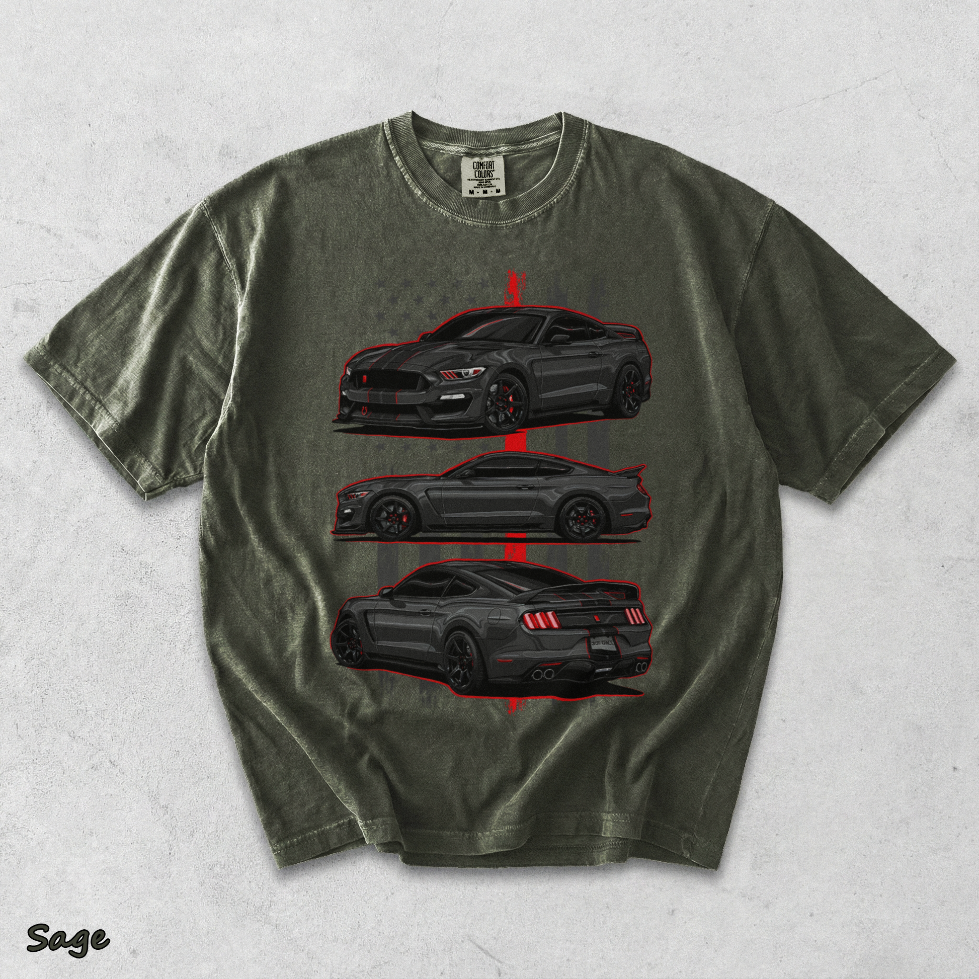 Mustang Shelby GT350 Vintage Graphic Acid Washed T-shirt back - Sage mockup