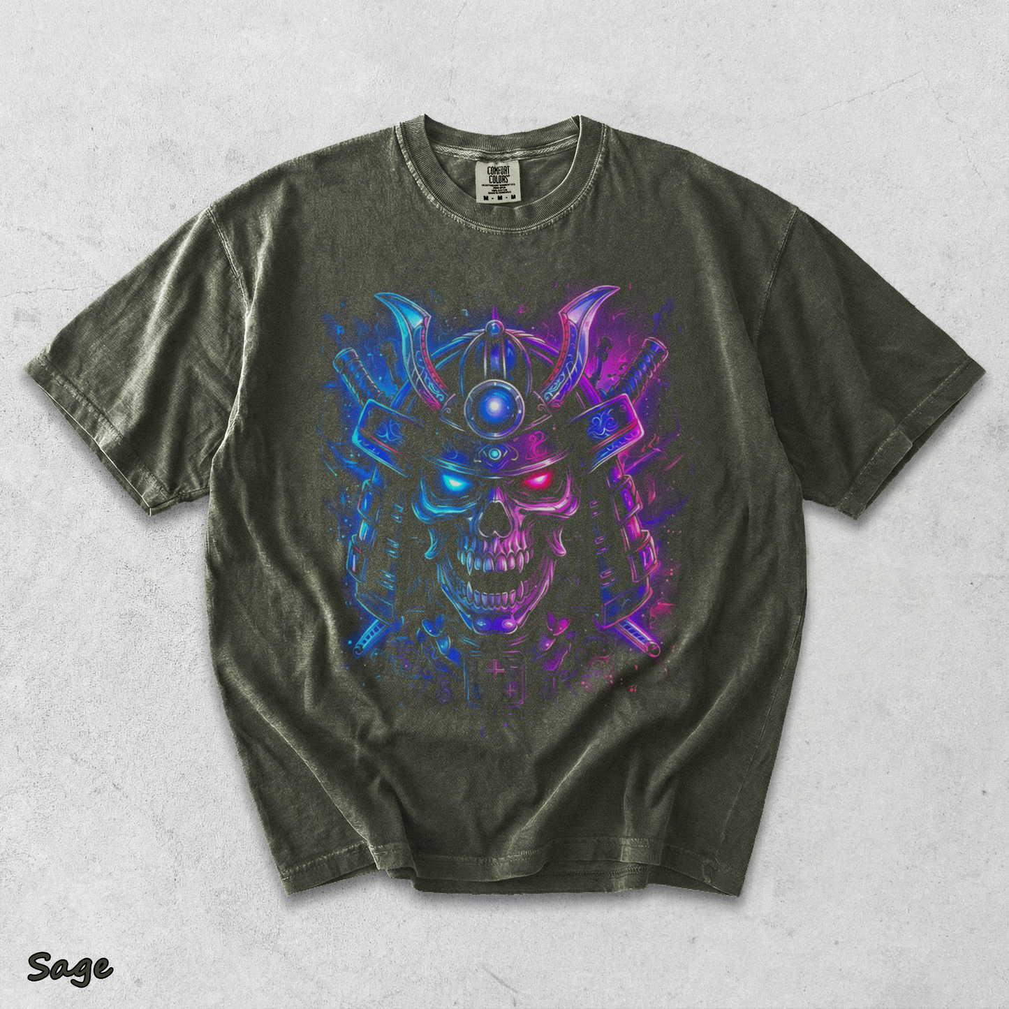 Neon Samurai Skull - Sage mockup