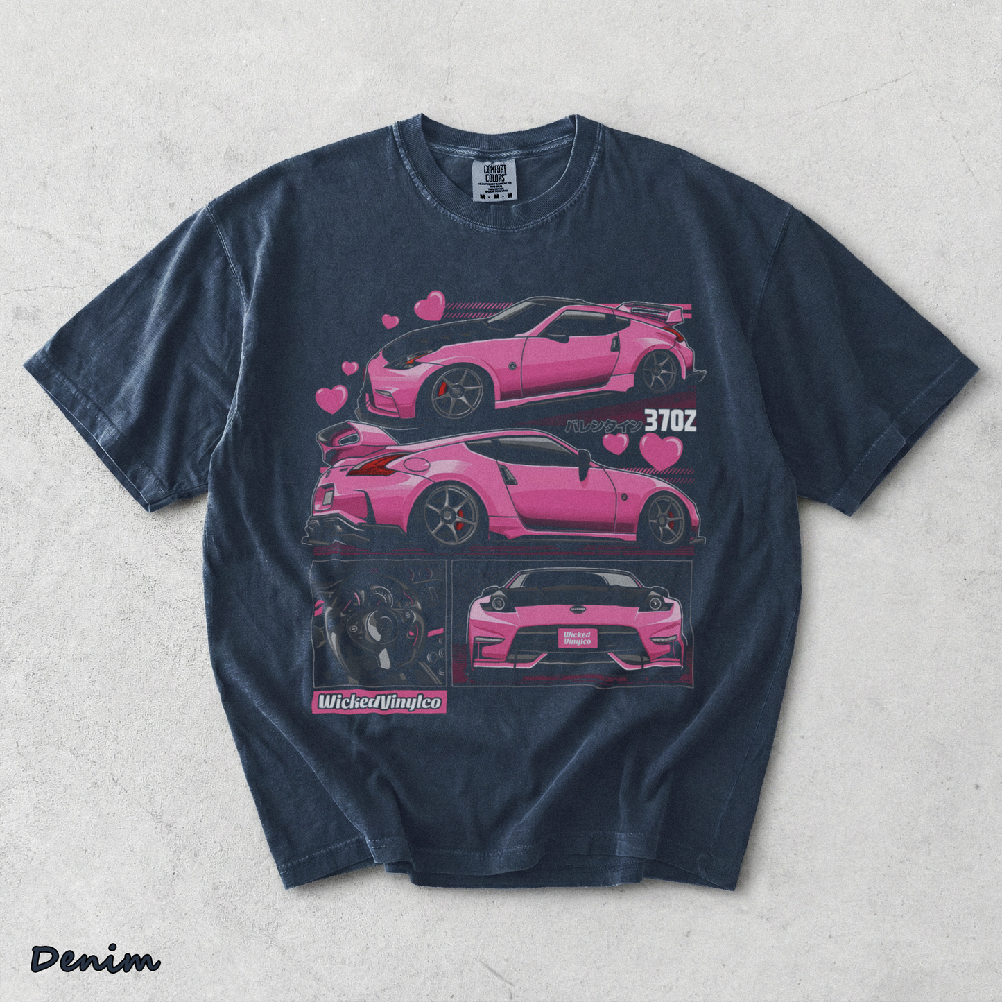 Pink JDM Drift Car Graphic T-Shirt back - Denim mockup