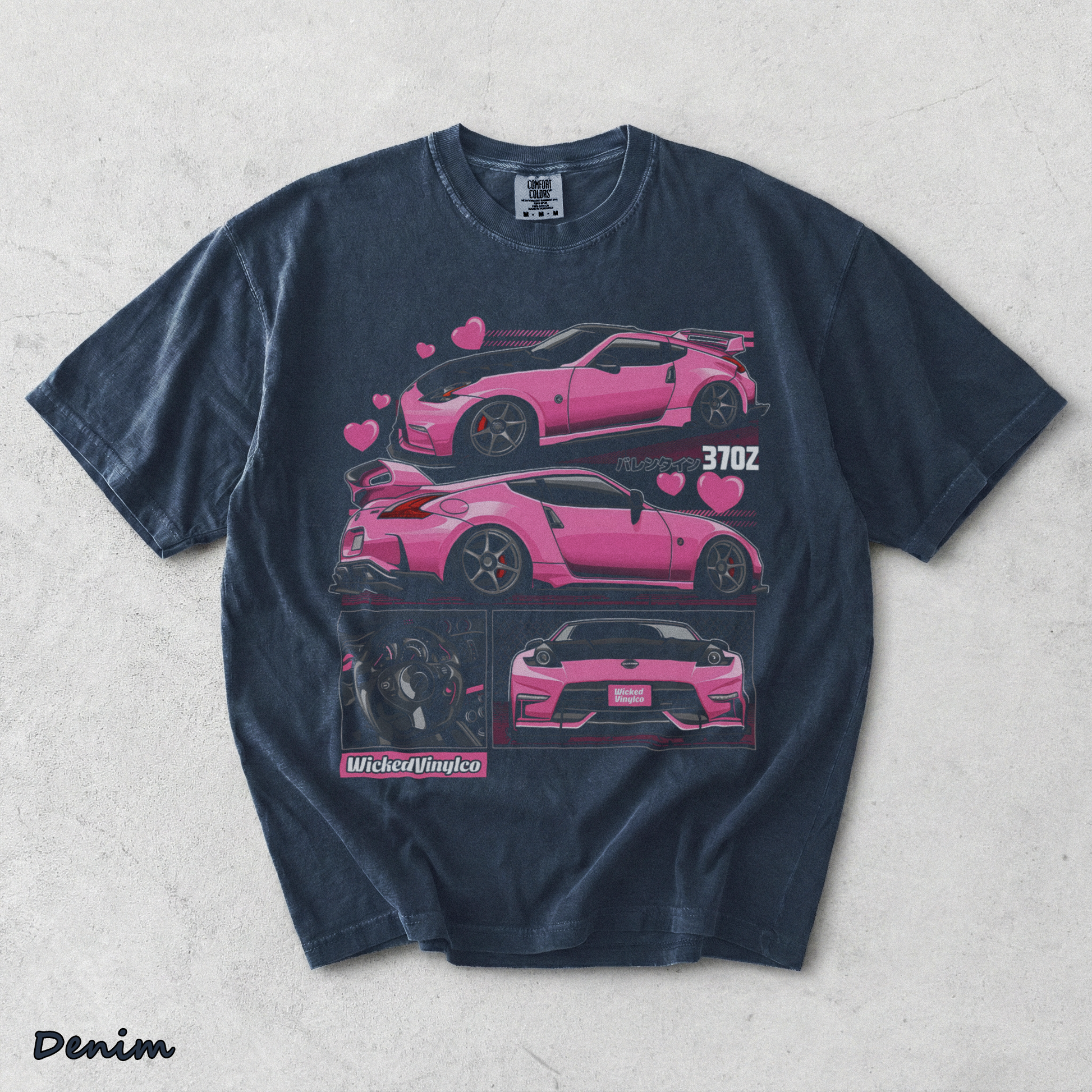 Pink JDM Drift Car Graphic T-Shirt back - Denim mockup