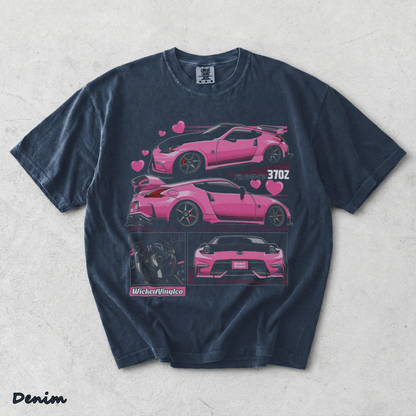 Pink JDM Drift Car Graphic T-Shirt back - Denim mockup