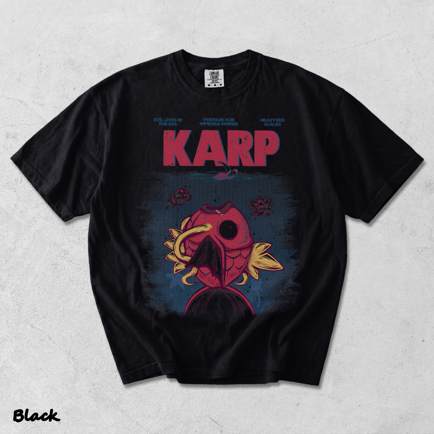 Pokemon PKM Anime Shirt Jaws x Magikarp Vintage Design, Menswear Top, Underwear Tshirt Style - Black mockup