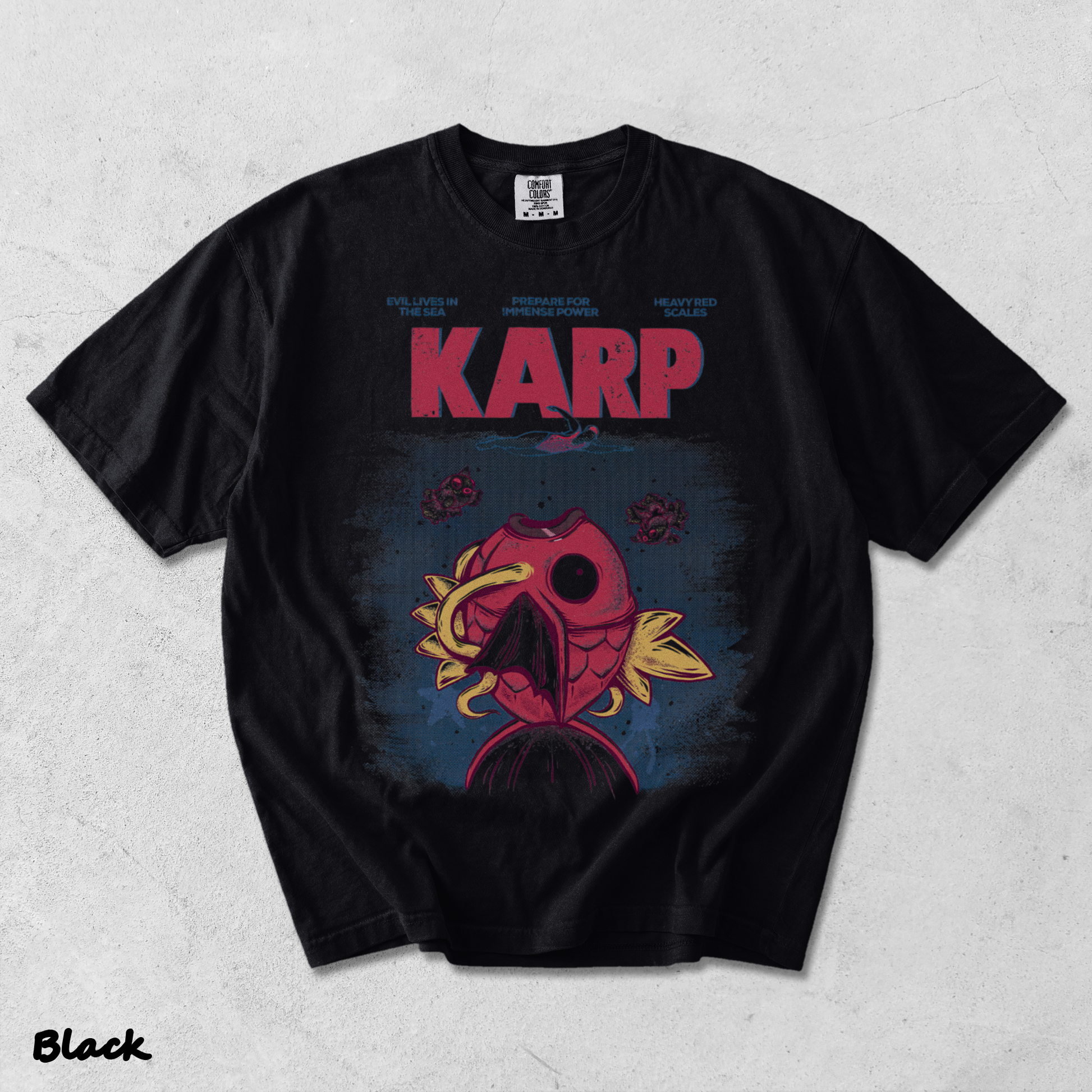 Pokemon PKM Anime Shirt Jaws x Magikarp Vintage Design, Menswear Top, Underwear Tshirt Style - Black mockup