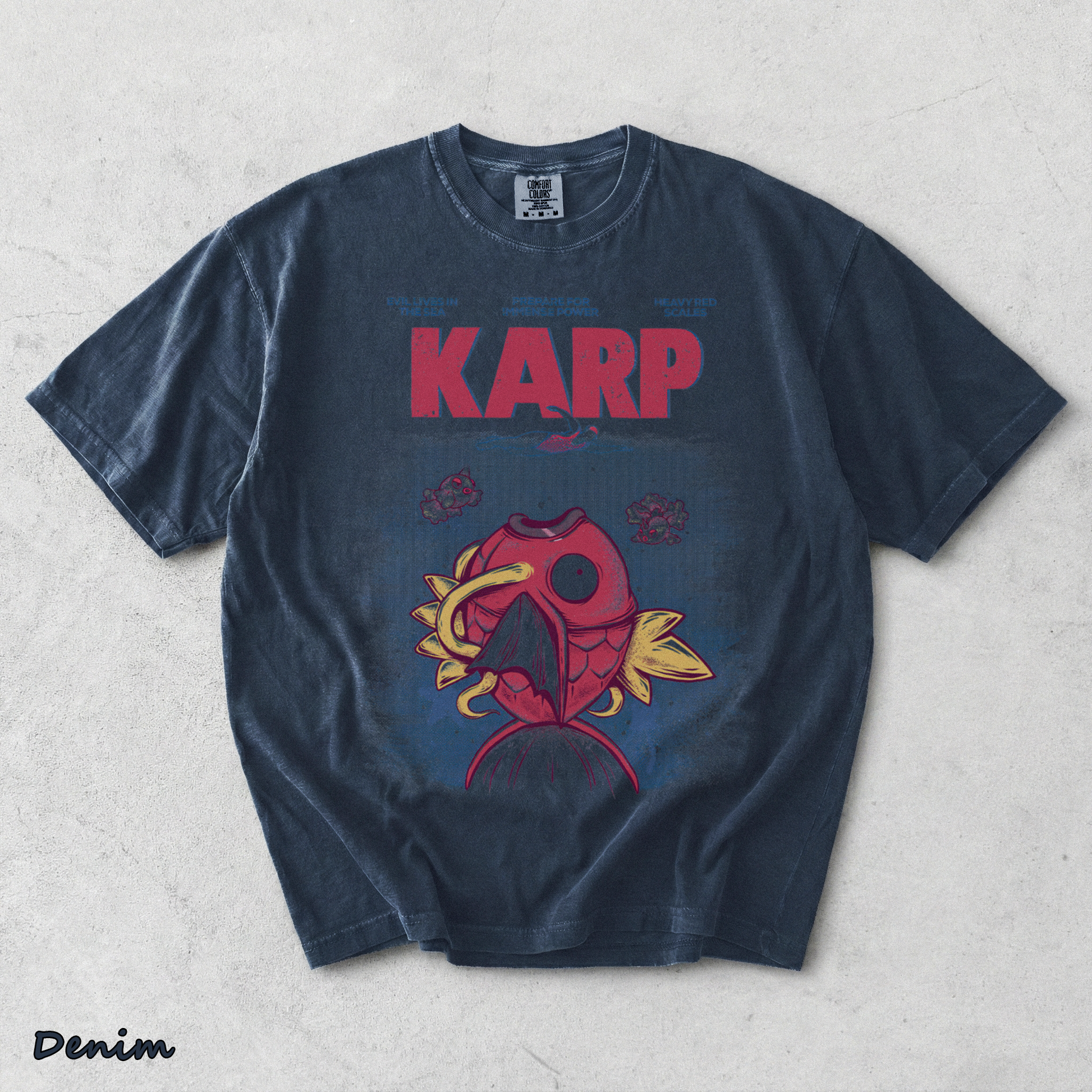 Pokemon PKM Anime Shirt Jaws x Magikarp Vintage Design, Menswear Top, Underwear Tshirt Style - Denim mockup