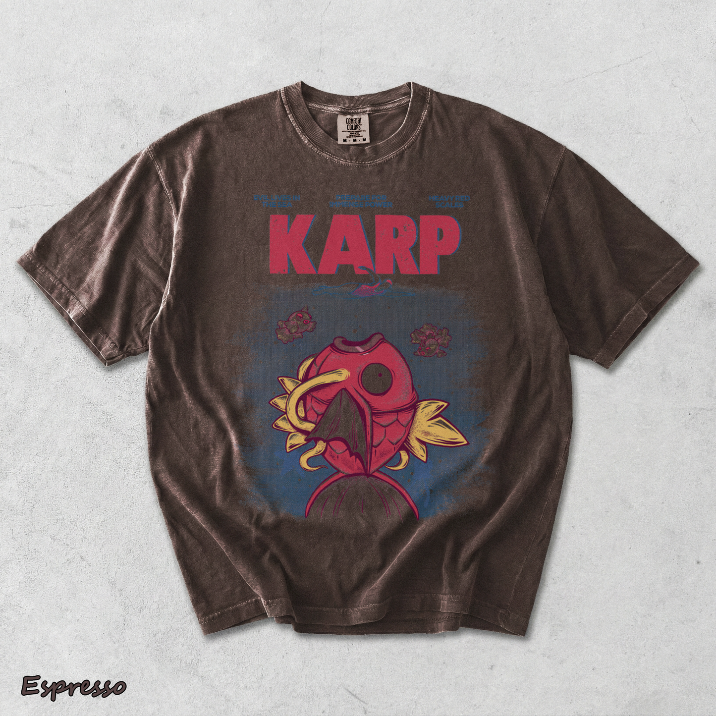 Pokemon PKM Anime Shirt Jaws x Magikarp Vintage Design, Menswear Top, Underwear Tshirt Style - Espresso mockup