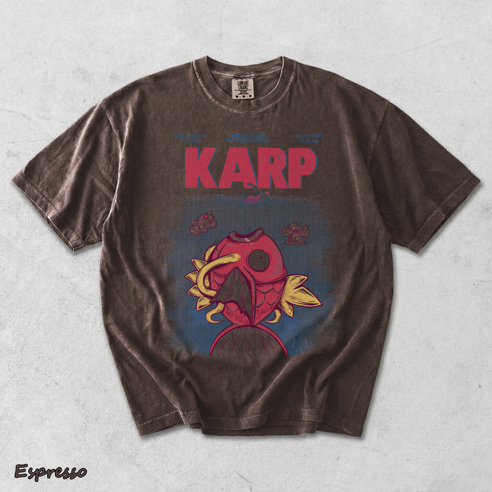 Pokemon PKM Anime Shirt Jaws x Magikarp Vintage Design, Menswear Top, Underwear Tshirt Style - Espresso mockup