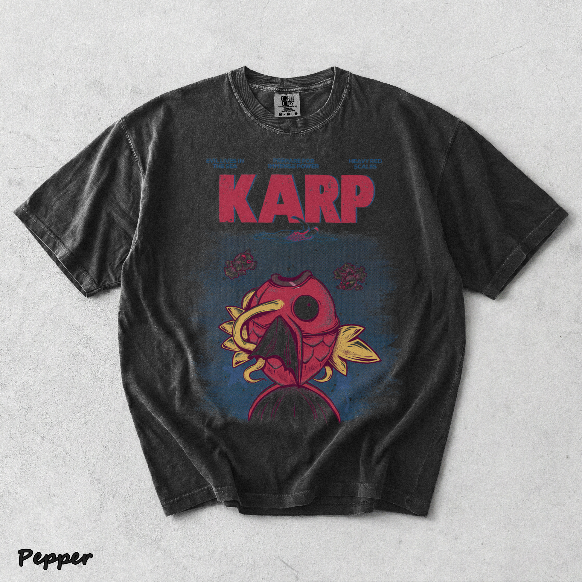 Pokemon PKM Anime Shirt Jaws x Magikarp Vintage Design, Menswear Top, Underwear Tshirt Style - Pepper mockup