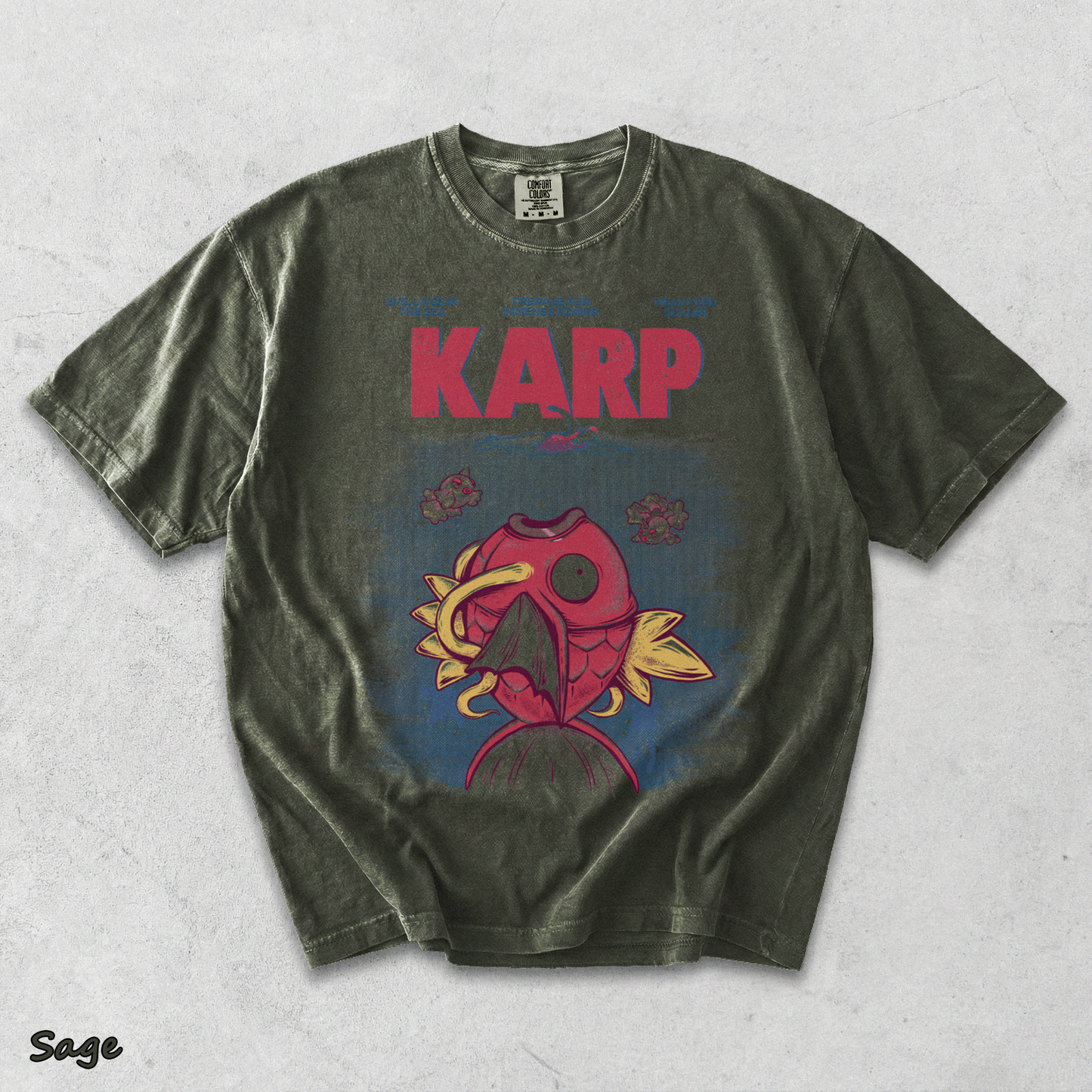 Pokemon PKM Anime Shirt Jaws x Magikarp Vintage Design, Menswear Top, Underwear Tshirt Style - Sage mockup