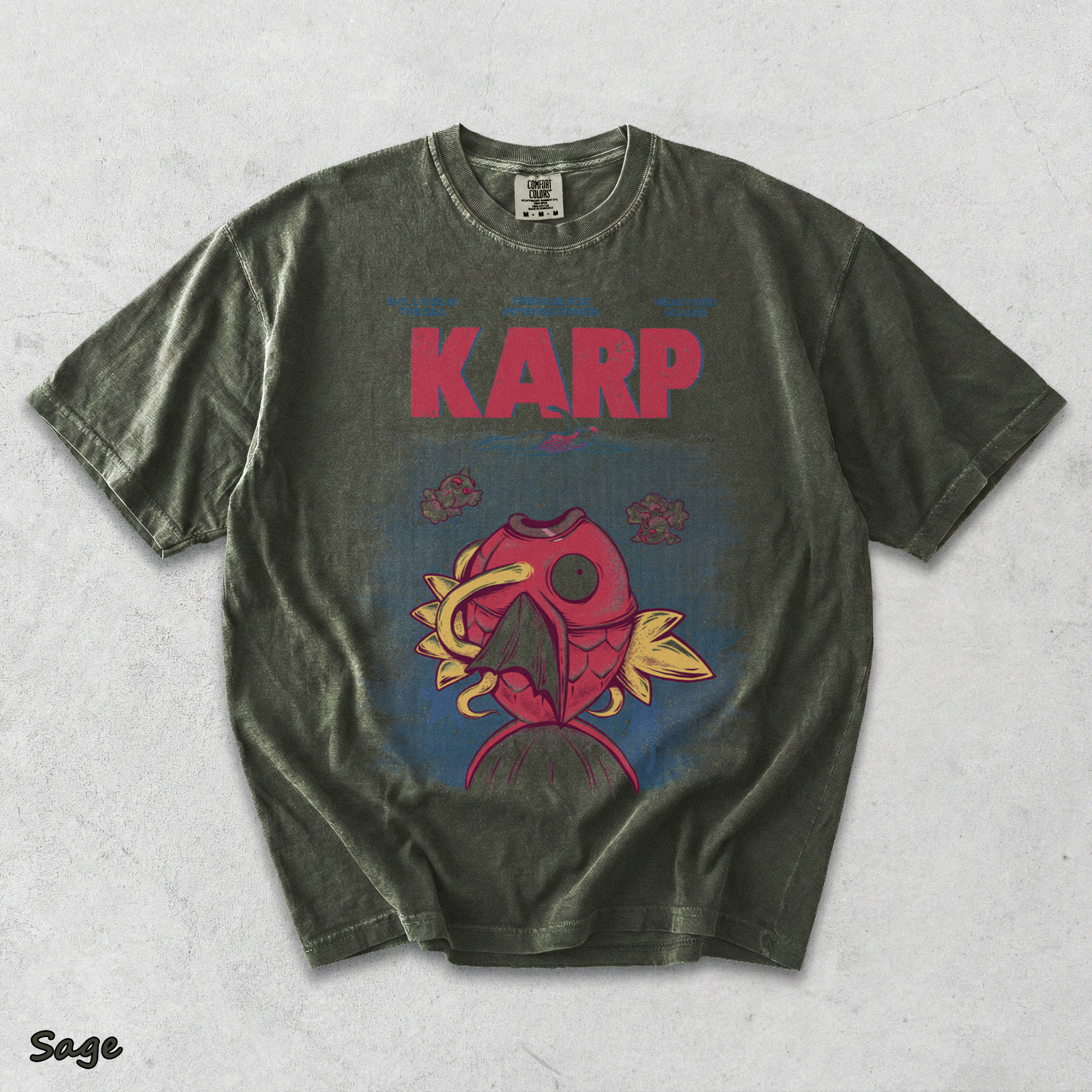 Pokemon PKM Anime Shirt Jaws x Magikarp Vintage Design, Menswear Top, Underwear Tshirt Style - Sage mockup
