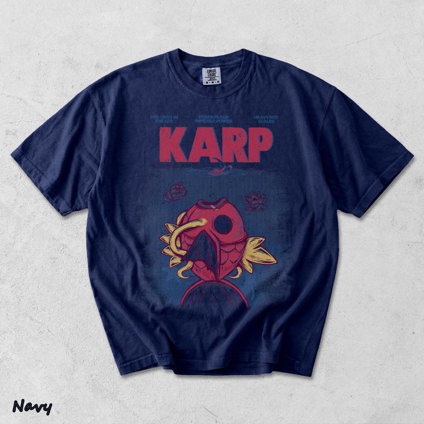Pokemon PKM Anime Shirt Jaws x Magikarp Vintage Design, Menswear Top, Underwear Tshirt Style - True Navy mockup