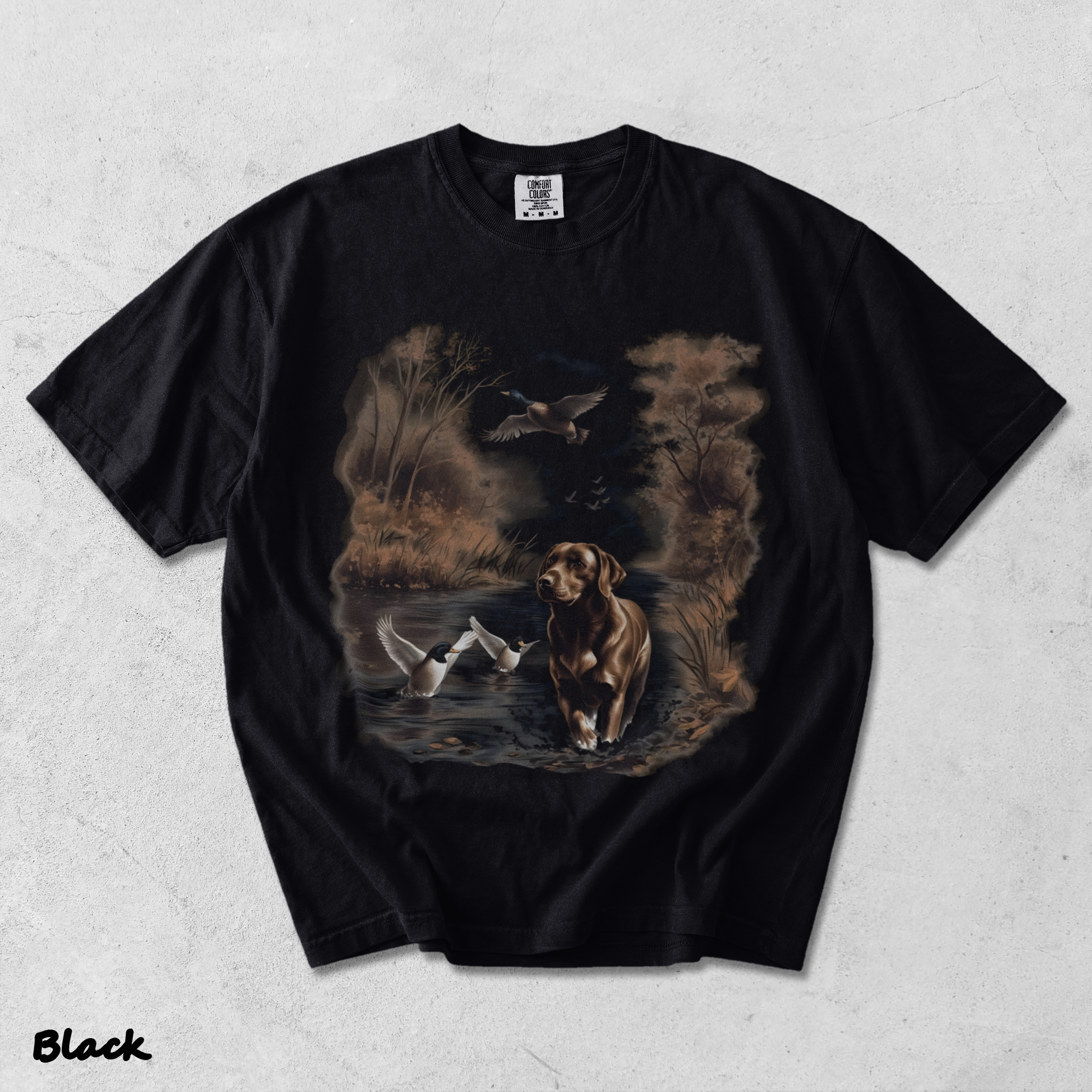 Retro Chocolate Lab Dog and Mallard Ducks Sweatshirt - Black mockup