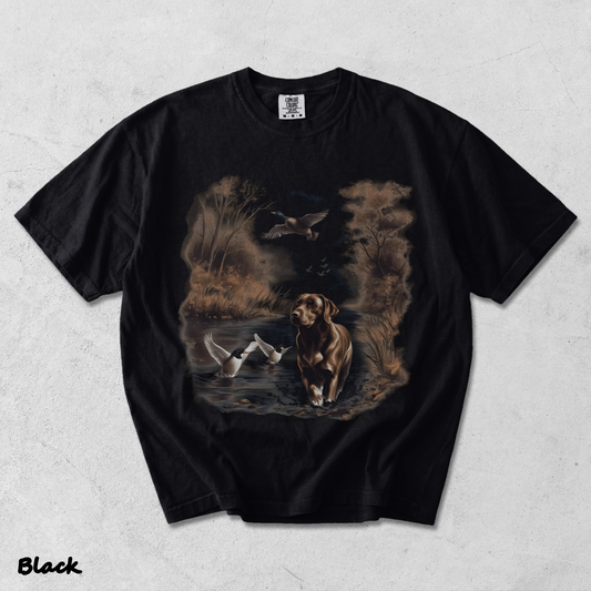 Retro Chocolate Lab Dog and Mallard Ducks Sweatshirt - Black mockup