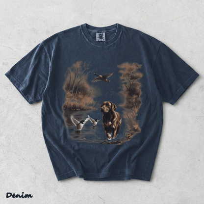 Retro Chocolate Lab Dog and Mallard Ducks Sweatshirt - Denim mockup
