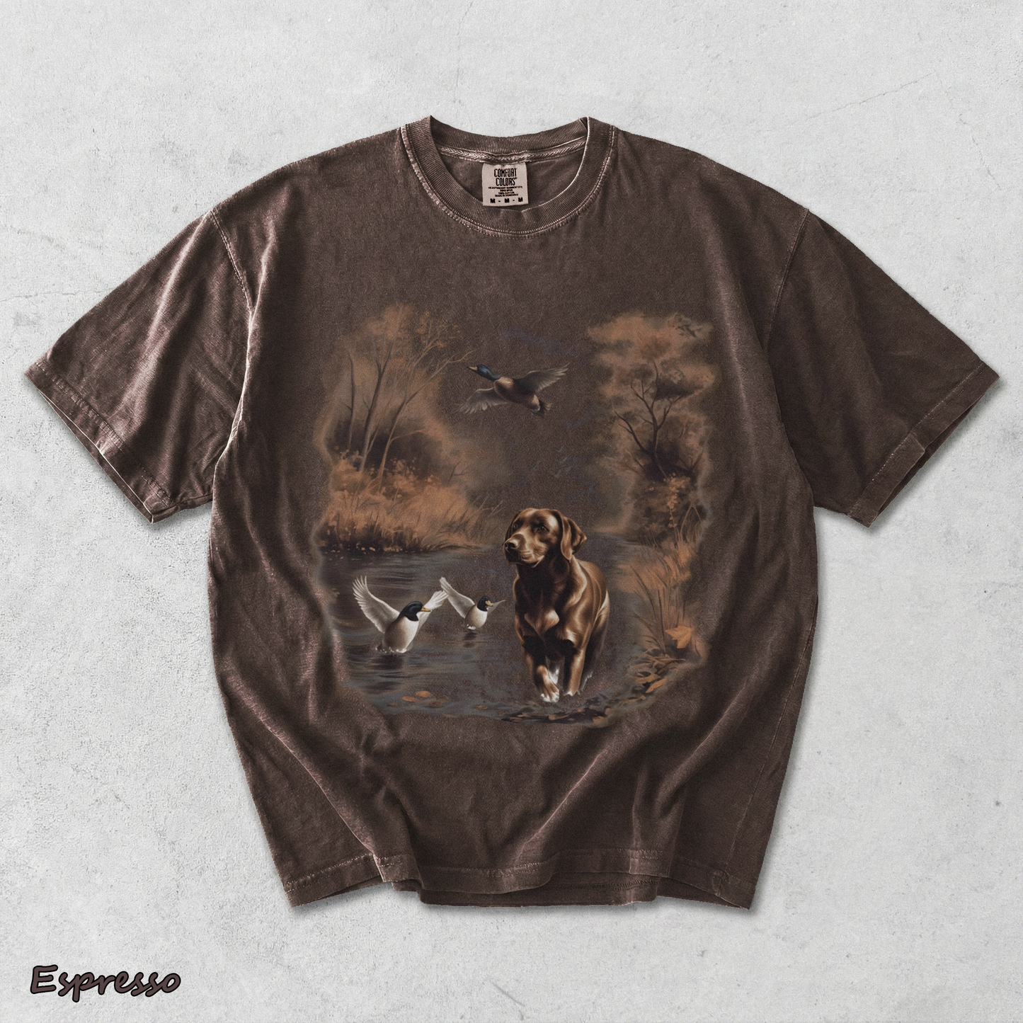 Retro Chocolate Lab Dog and Mallard Ducks Sweatshirt - Espresso mockup