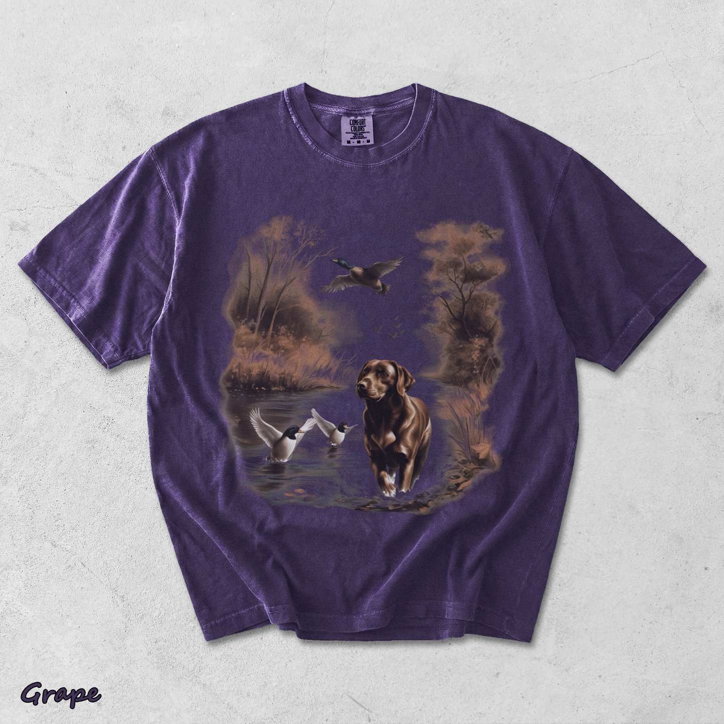 Retro Chocolate Lab Dog and Mallard Ducks Sweatshirt - Grape mockup