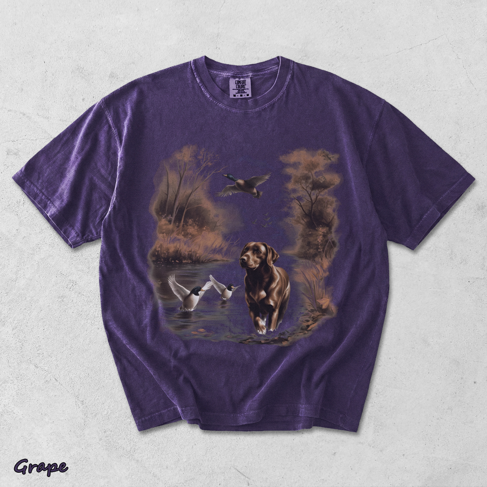 Retro Chocolate Lab Dog and Mallard Ducks Sweatshirt - Grape mockup