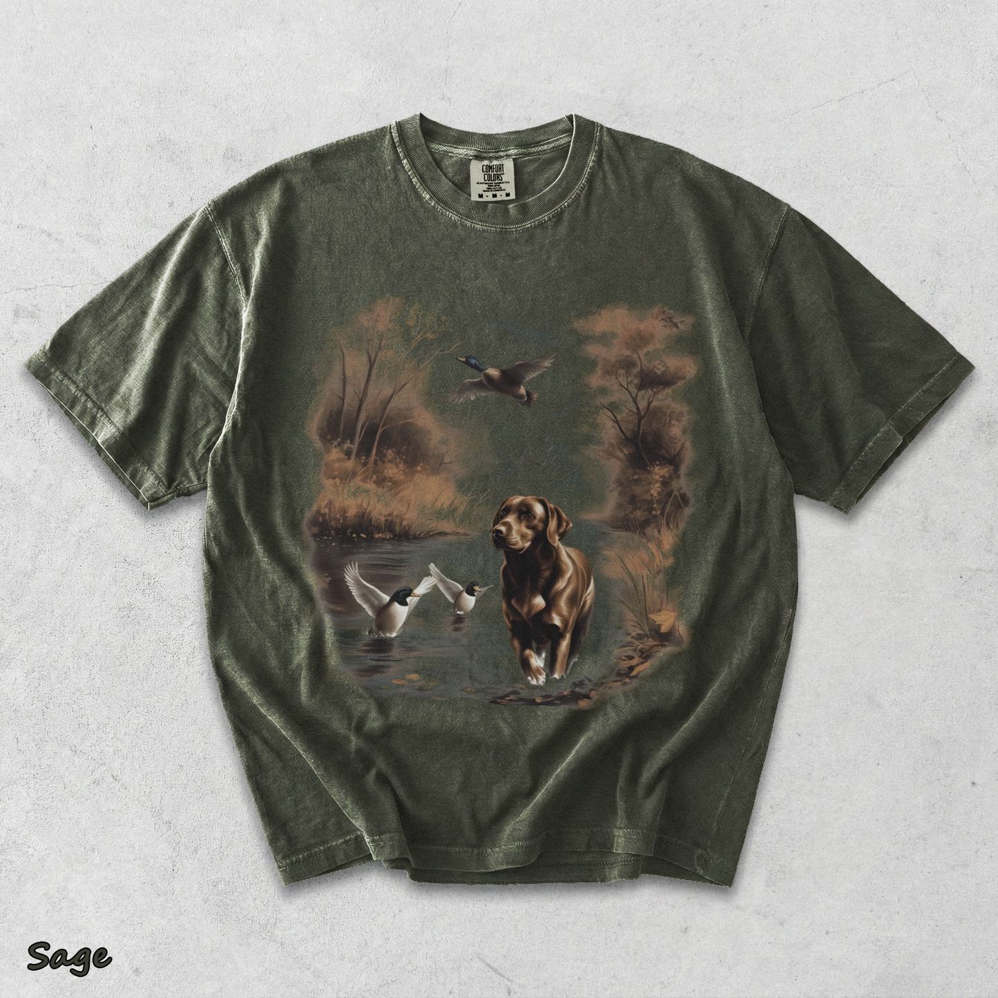 Retro Chocolate Lab Dog and Mallard Ducks Sweatshirt - Sage mockup