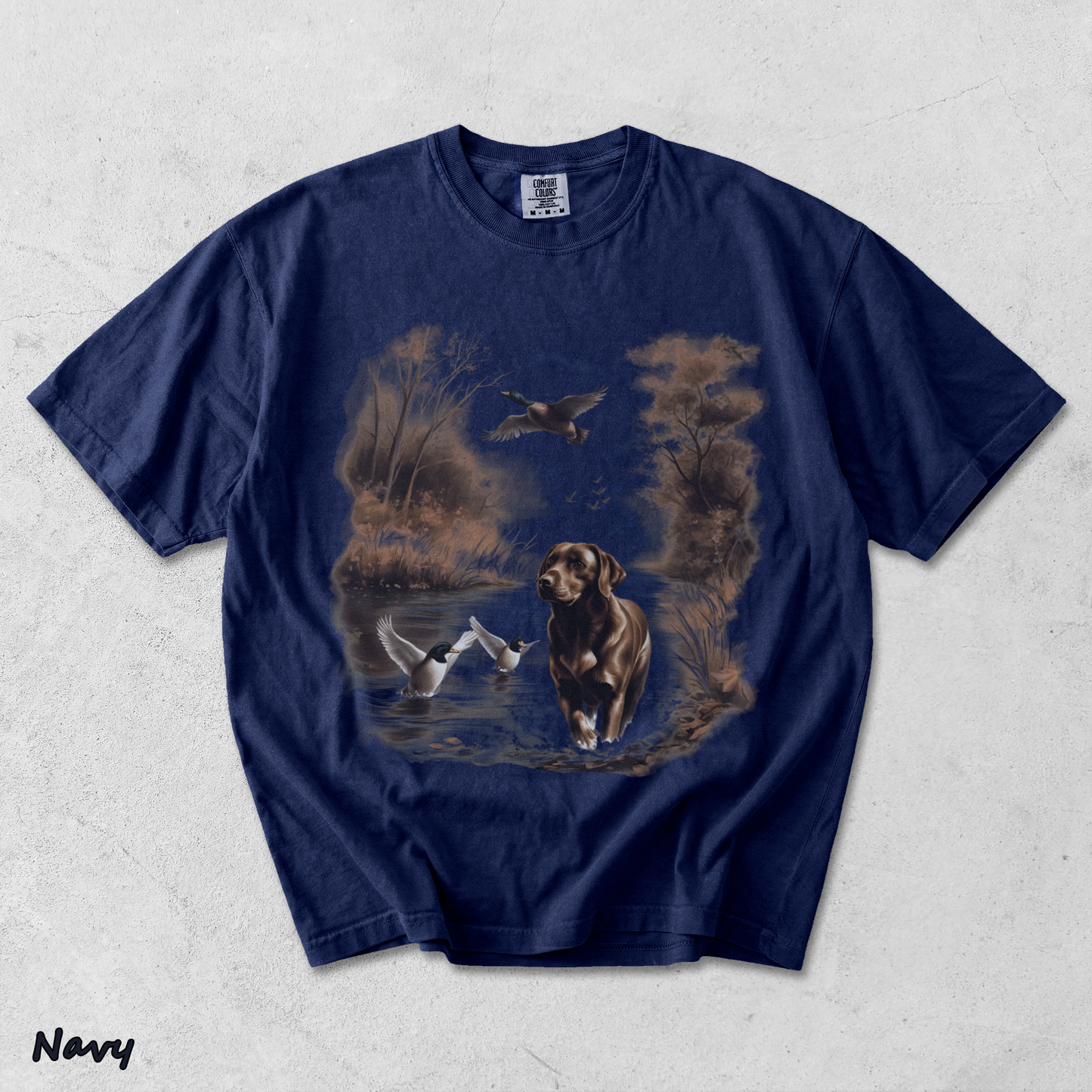 Retro Chocolate Lab Dog and Mallard Ducks Sweatshirt - True Navy mockup