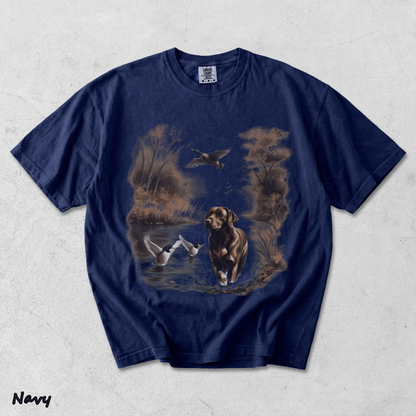 Retro Chocolate Lab Dog and Mallard Ducks Sweatshirt - True Navy mockup