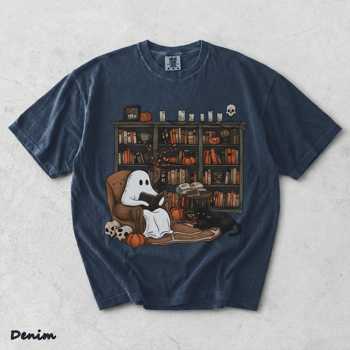 Retro Ghost Reading Books Sweatshirt - Denim mockup