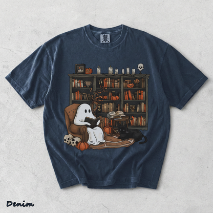 Retro Ghost Reading Books Sweatshirt - Denim mockup