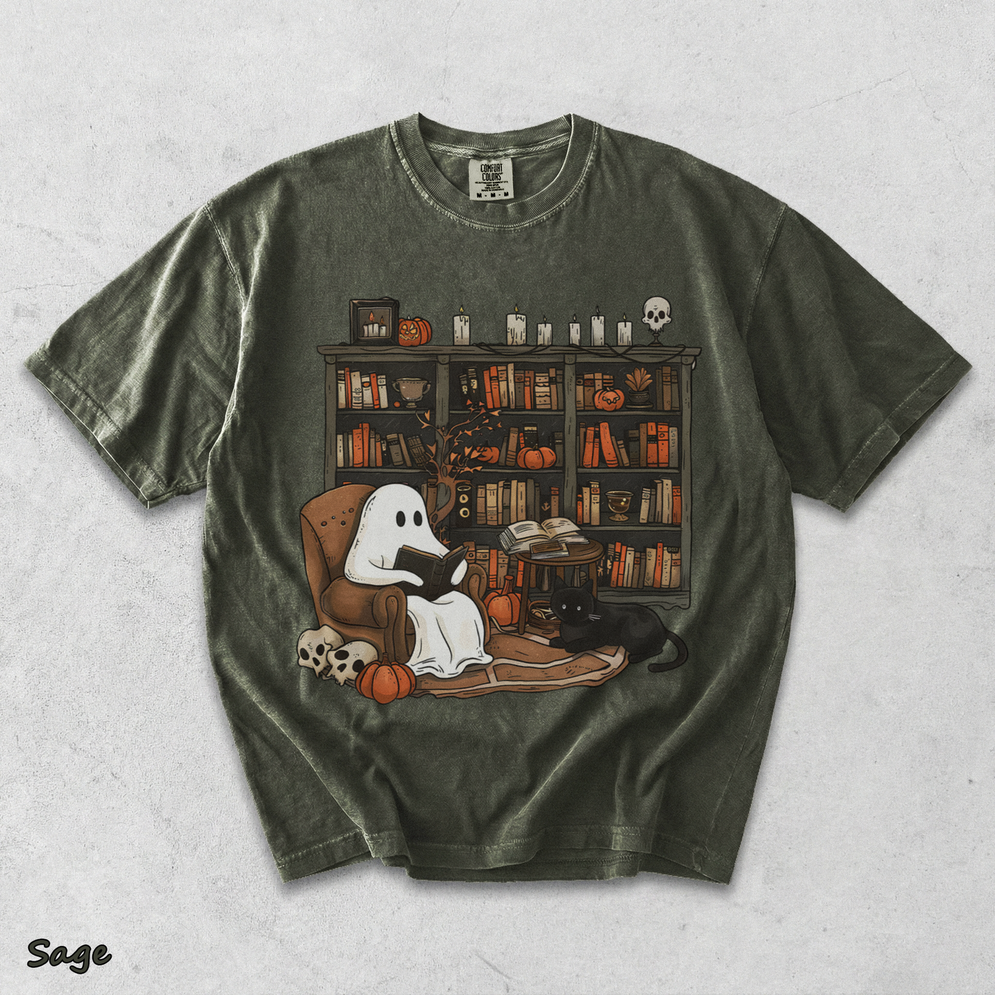 Retro Ghost Reading Books Sweatshirt - Sage mockup