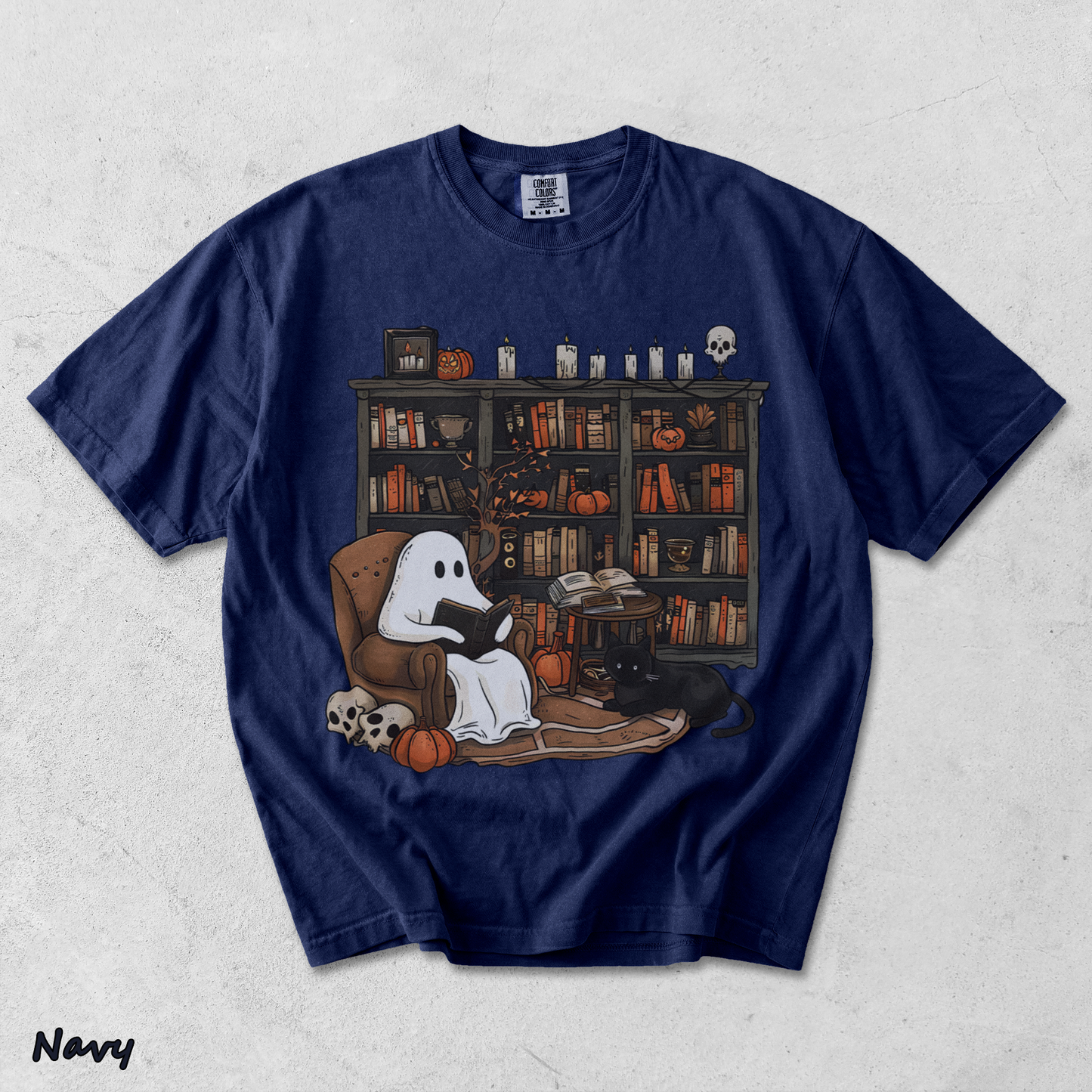 Retro Ghost Reading Books Sweatshirt - True Navy mockup