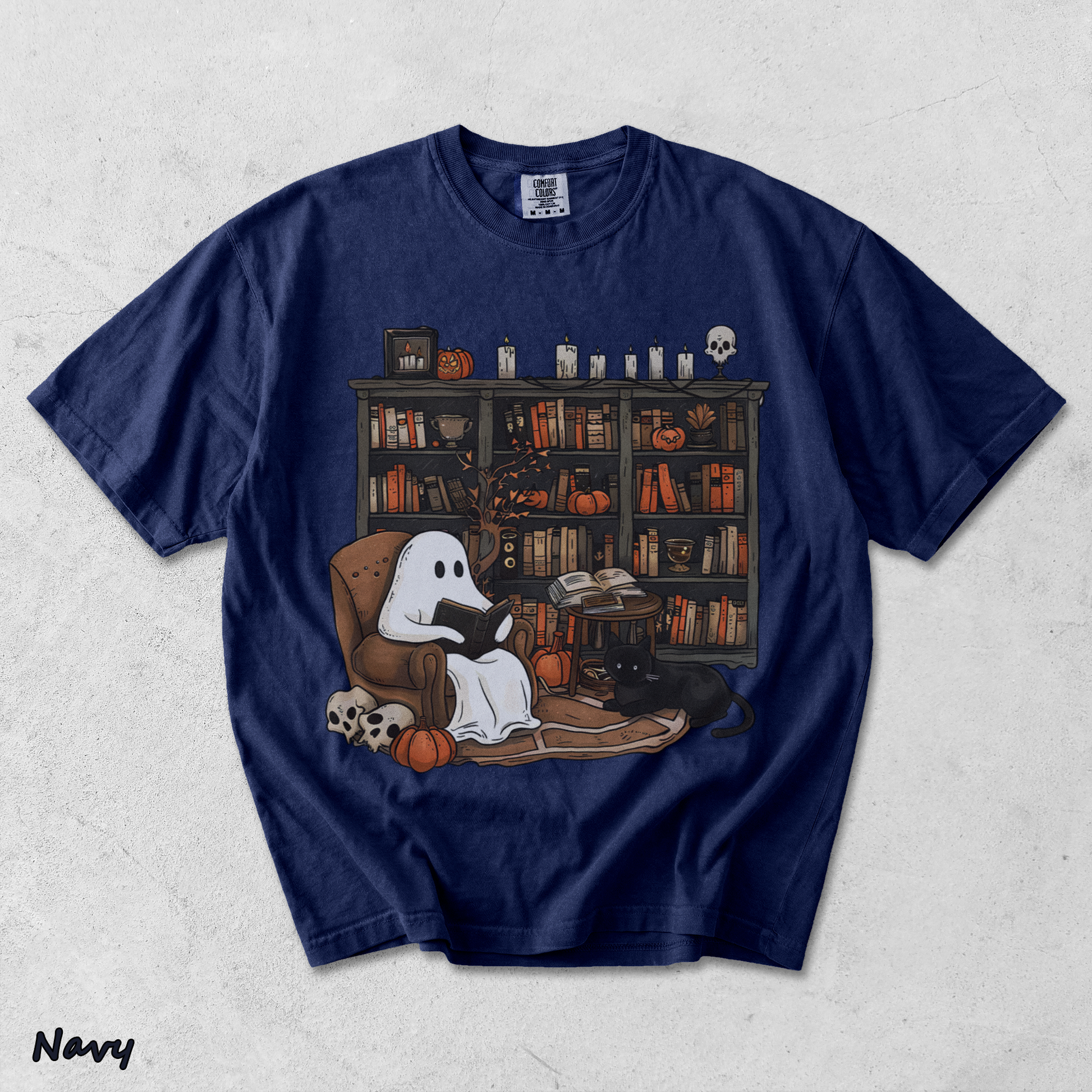 Retro Ghost Reading Books Sweatshirt - True Navy mockup
