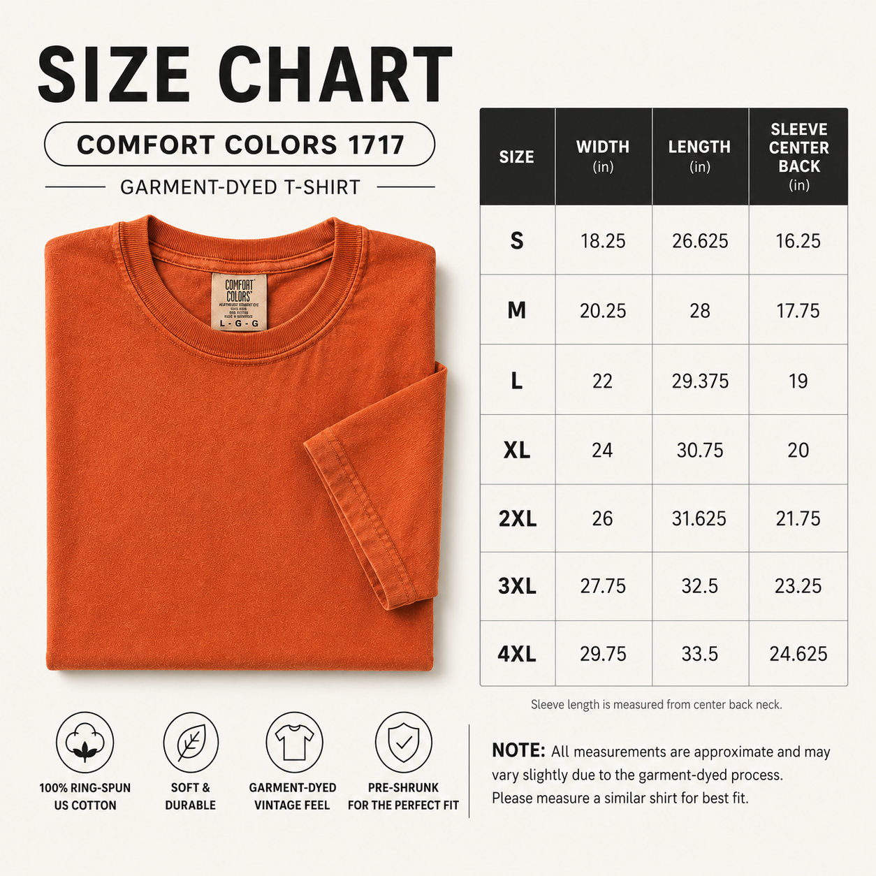 Comfort Colors 1717 size chart