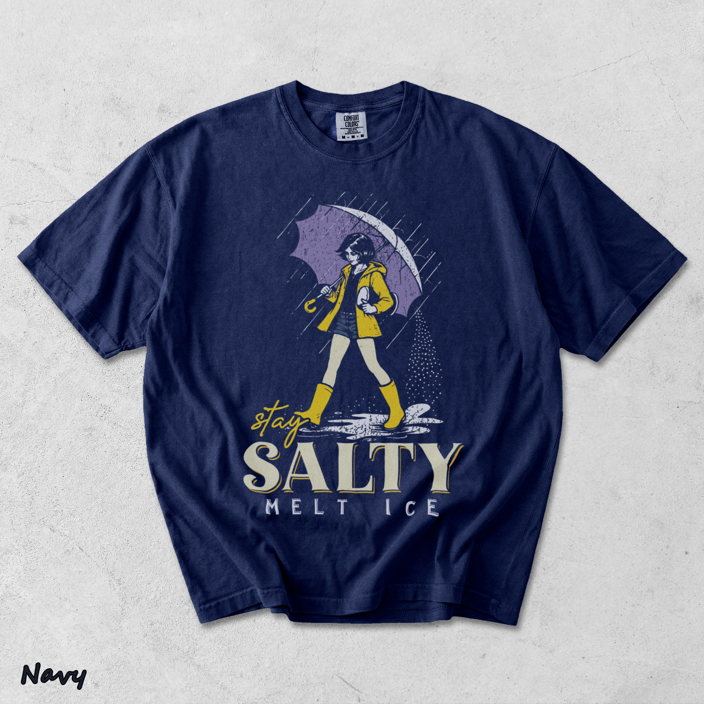 Stay Salty Melt Ice Morton Salt Girl Parody Retro Aesthetic Graphic - True Navy mockup