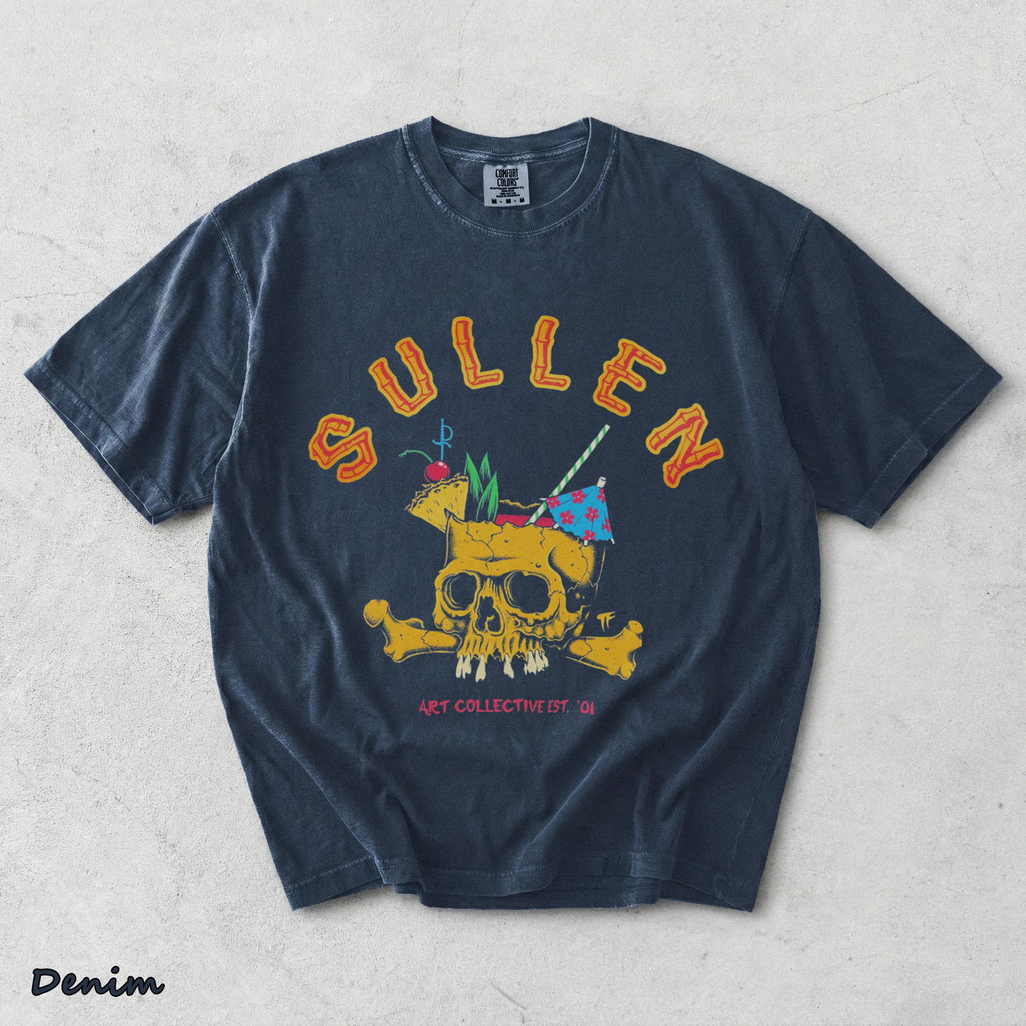 Sullen Brain Dead Skull Tiki Bamboo Tropical Drinks - Denim mockup