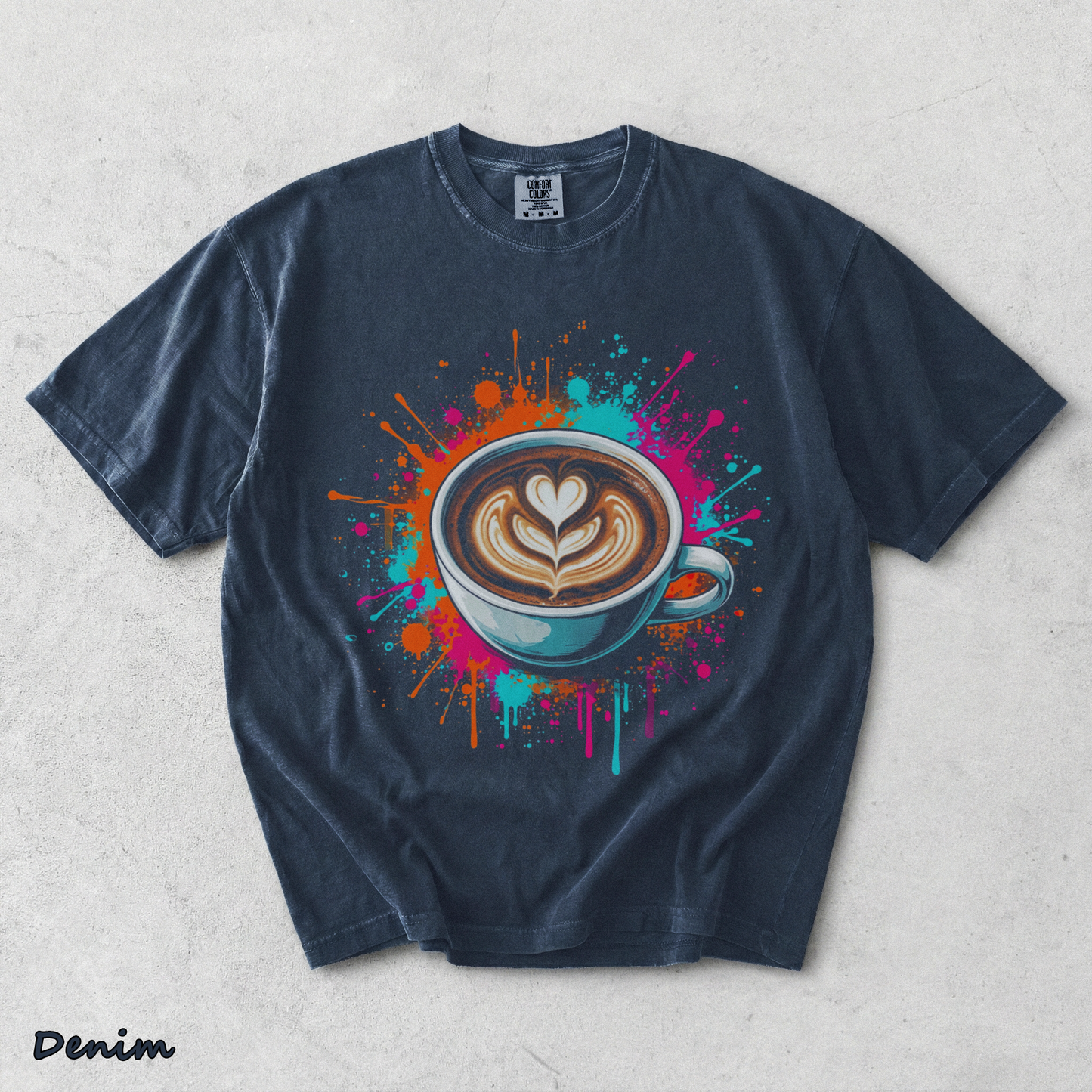 Vibrant Coffee Latte Art Splash Mens Barista Caffeine Lover - Denim mockup
