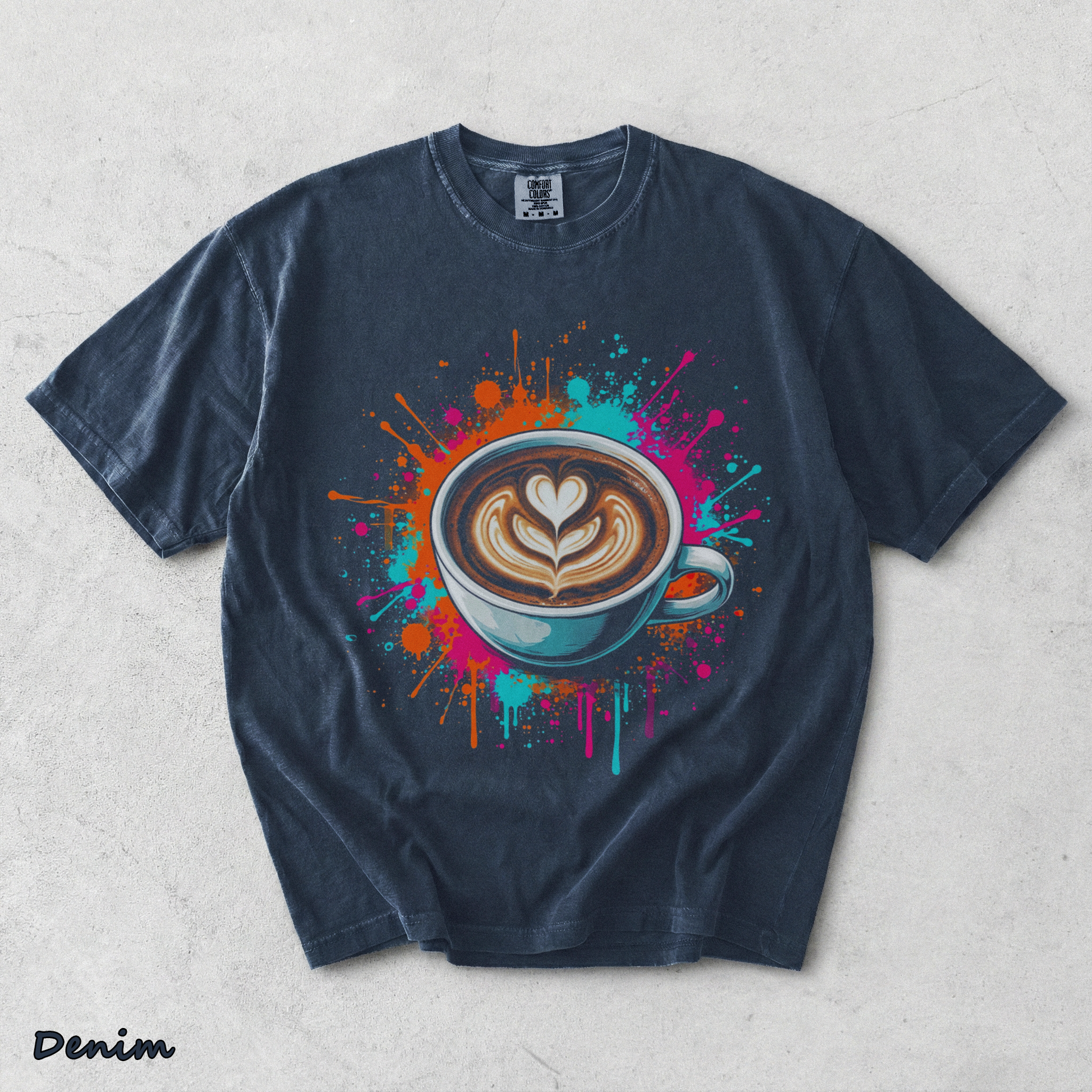 Vibrant Coffee Latte Art Splash Mens Barista Caffeine Lover - Denim mockup