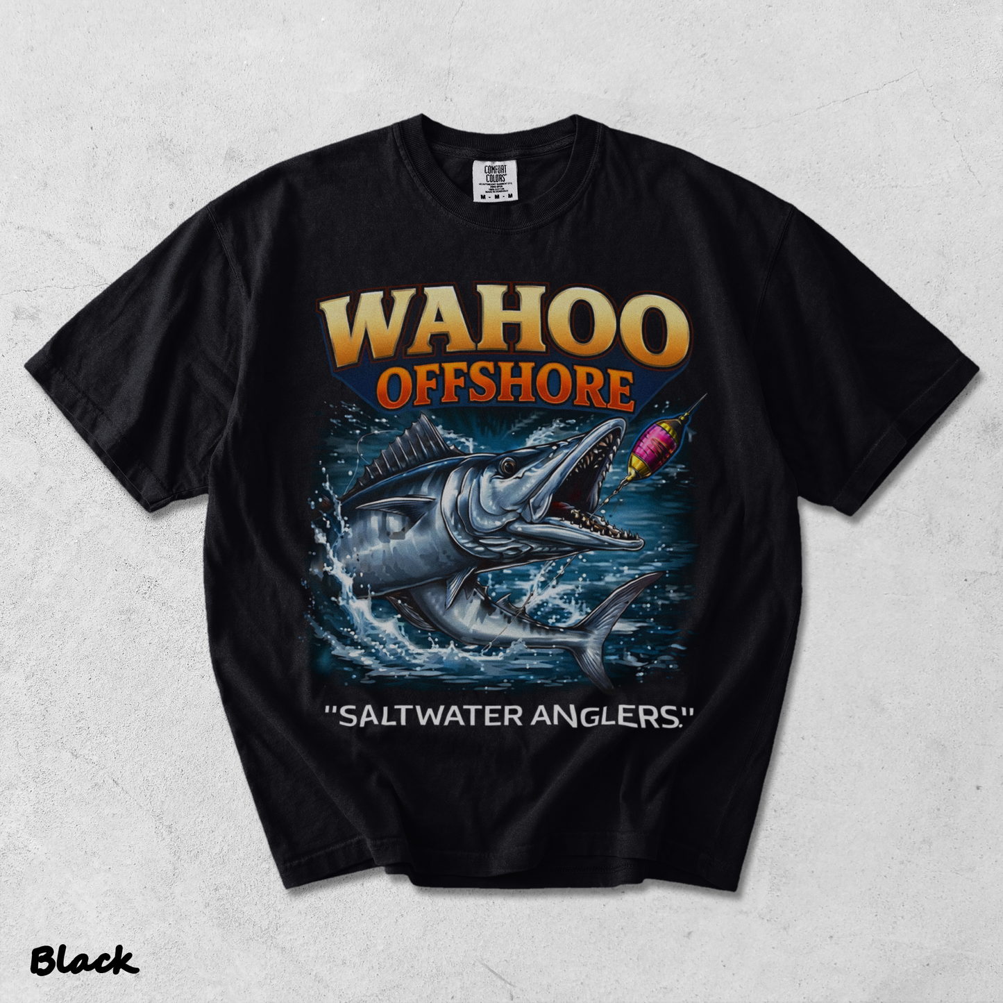 Wahoo Fishing T Shirt Offshore Angler Graphic Tee Saltwater Ocean Gift back - Black mockup