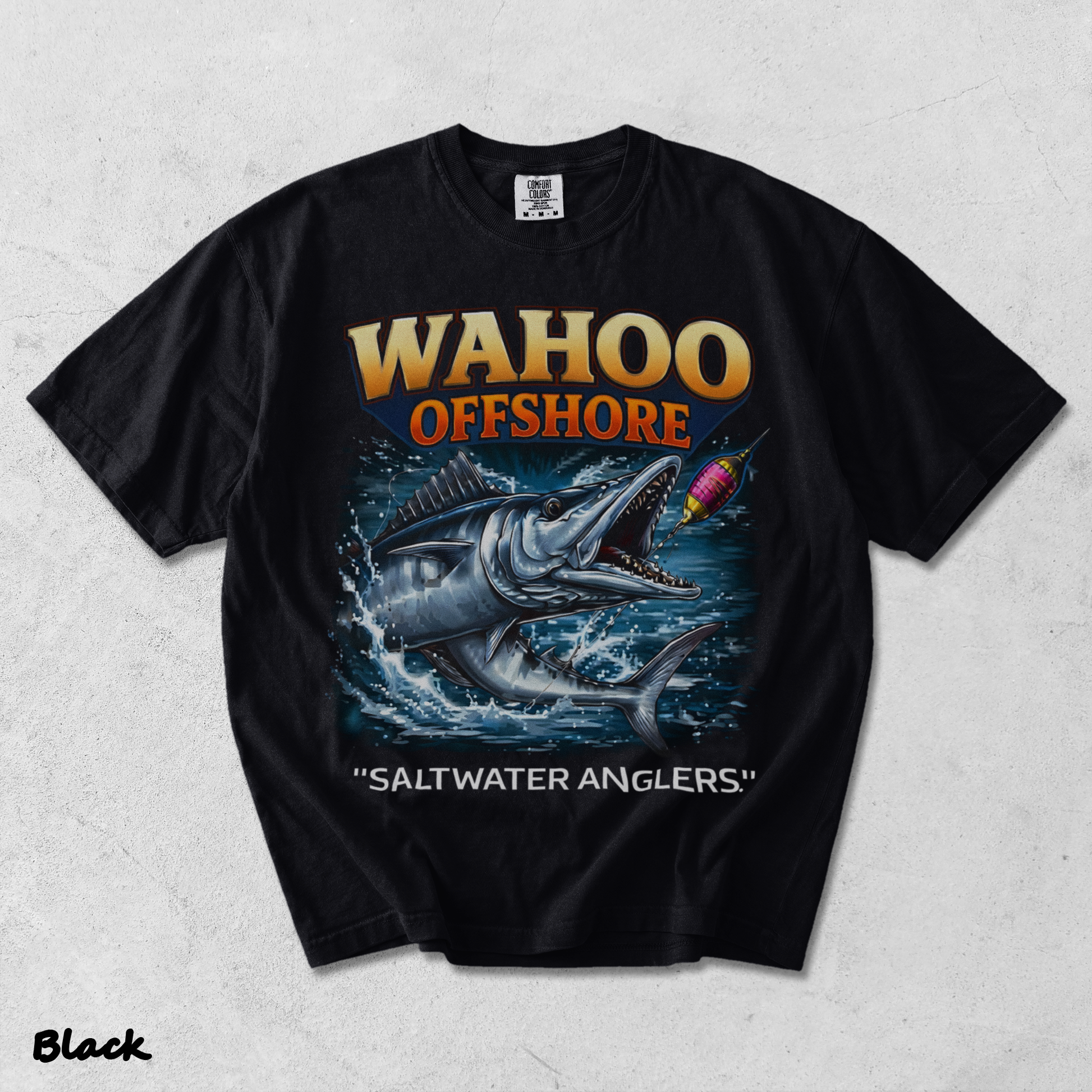 Wahoo Fishing T Shirt Offshore Angler Graphic Tee Saltwater Ocean Gift back - Black mockup