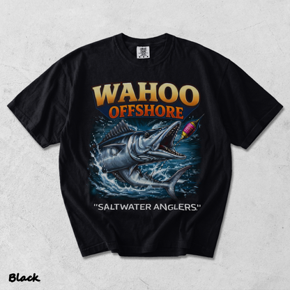Wahoo Fishing T Shirt Offshore Angler Graphic Tee Saltwater Ocean Gift back - Black mockup