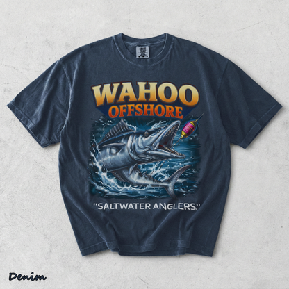 Wahoo Fishing T Shirt Offshore Angler Graphic Tee Saltwater Ocean Gift back - Denim mockup