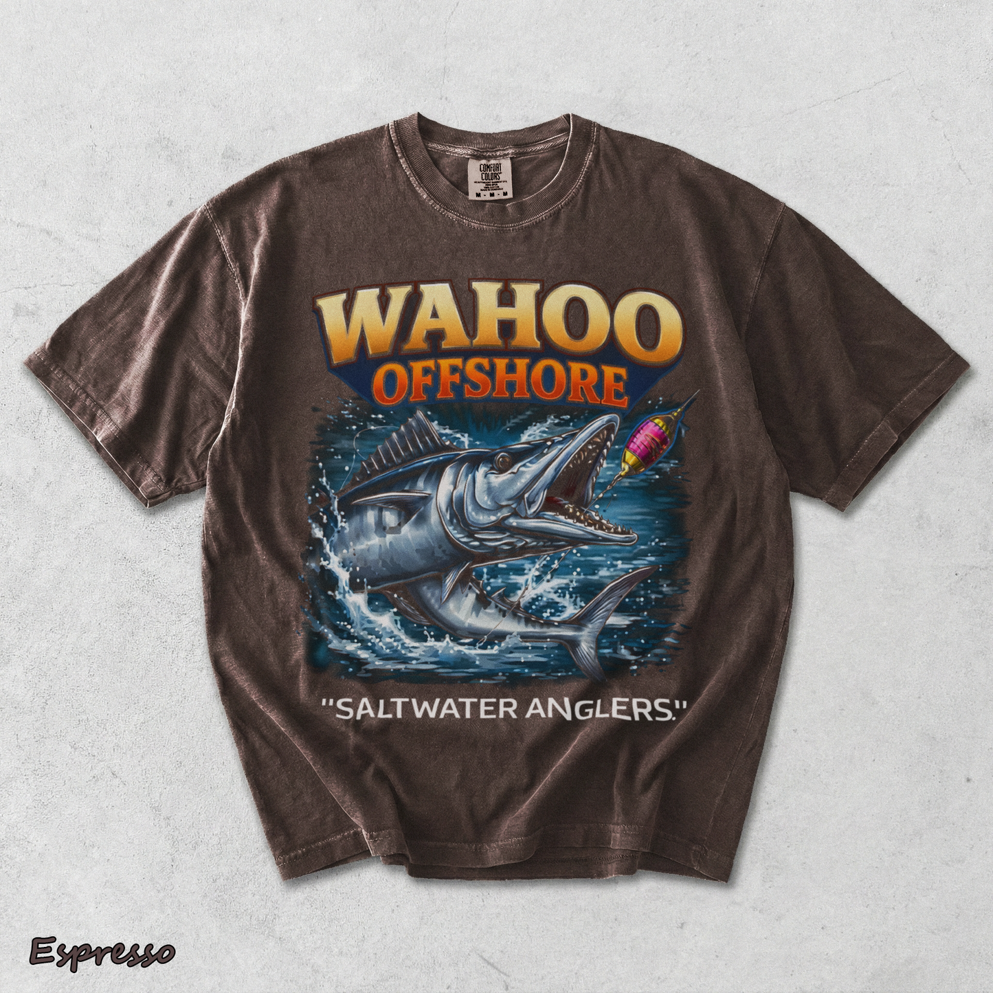 Wahoo Fishing T Shirt Offshore Angler Graphic Tee Saltwater Ocean Gift back - Espresso mockup