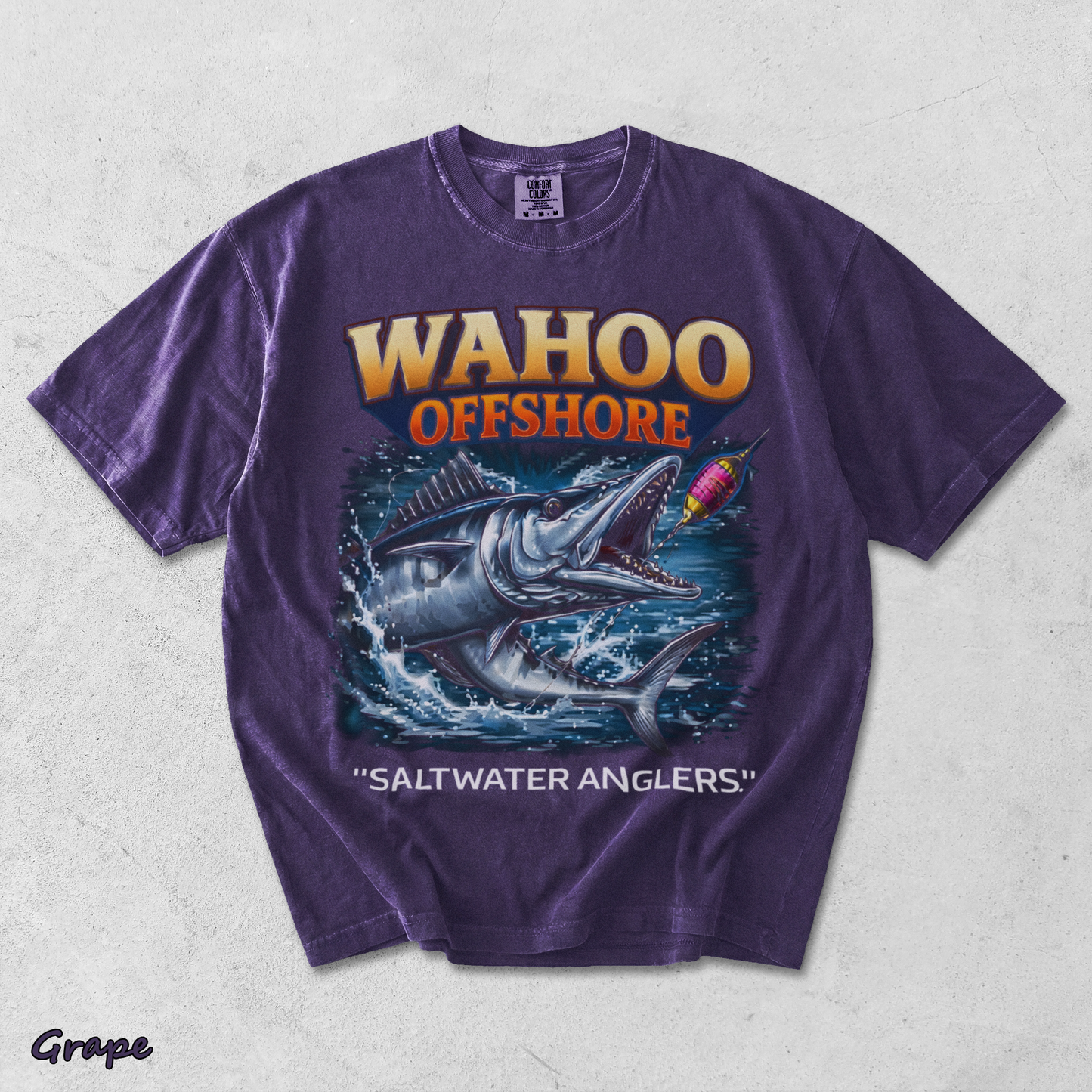 Wahoo Fishing T Shirt Offshore Angler Graphic Tee Saltwater Ocean Gift back - Grape mockup